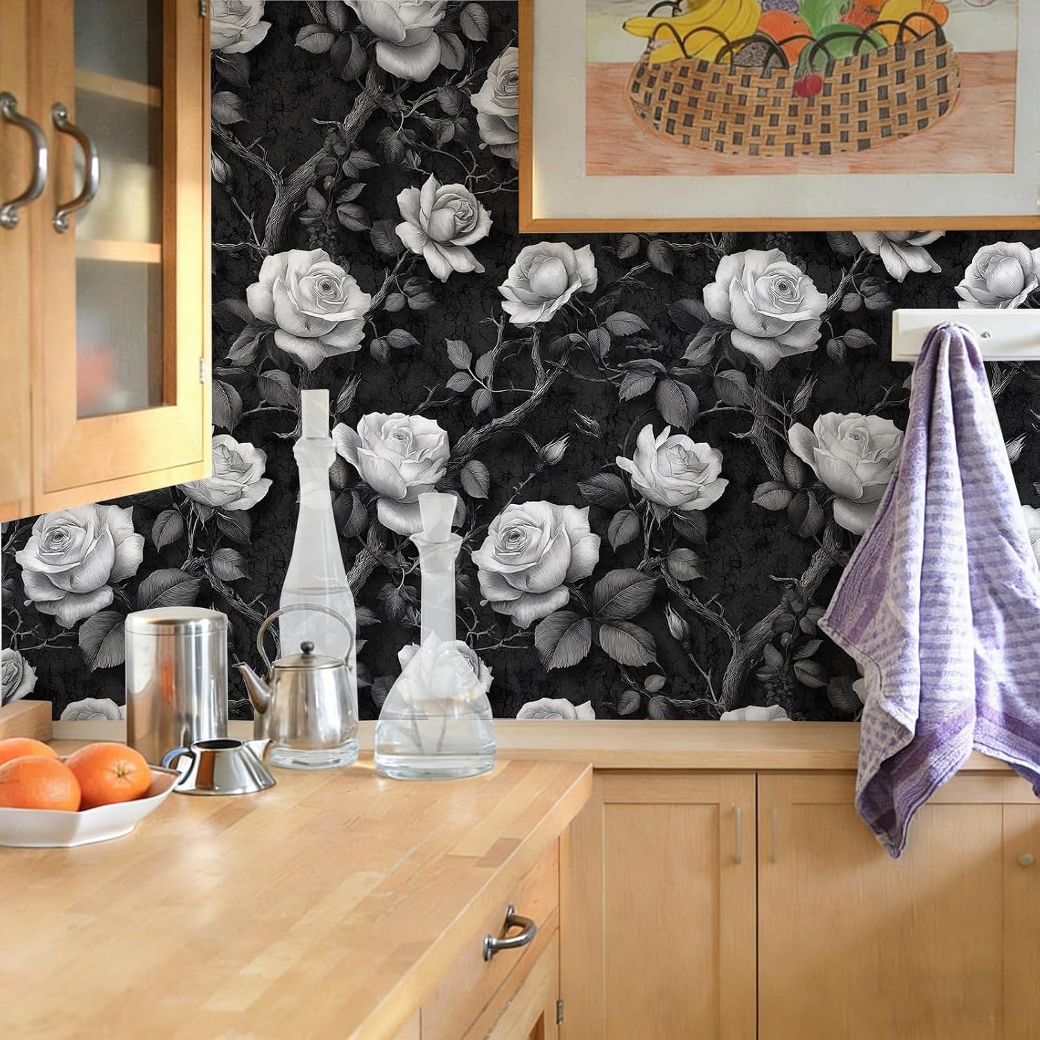 Vintage Black & White Rose Peel and Stick Floral Wallpaper Self Adhesive 17.72" X 236.2'' Art Flower Wall Paper Renter Friendly Removable Waterproof for Bedroom Living Room