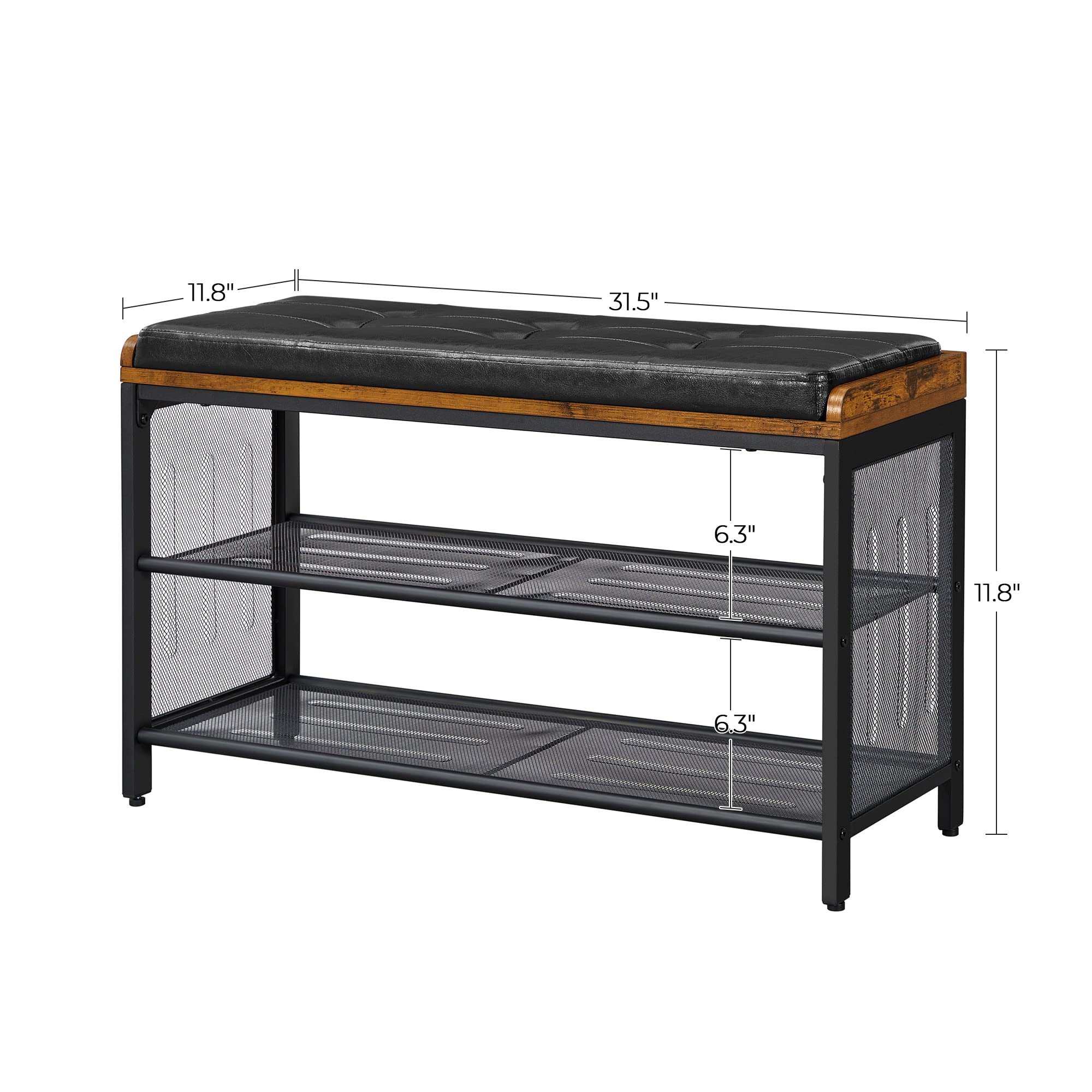 VASAGLE Banc à Chaussures, Banquette Rembourrée avec Étagères en Maille, Rangement à Chaussures, Couloir, Entrée, Gain de Place, Métal, Industriel, Similicuir Noir, Marron Rustique LBS75X