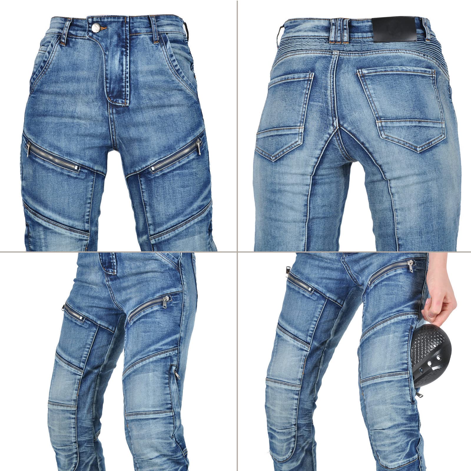 Femme Pantalon de Moto en Jean Anti-déchirure Stretch Vintage Pantalon de Protection avec Amovible Améliorée Protéger Pads pour Racing Vélo