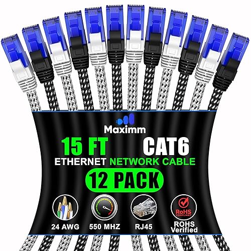 Maximm Paquete de 12 cables Ethernet Cat 6 de 15 pies, cable LAN de alta velocidad, cable de Internet, cable de conexión y cable de red, UTP, 10