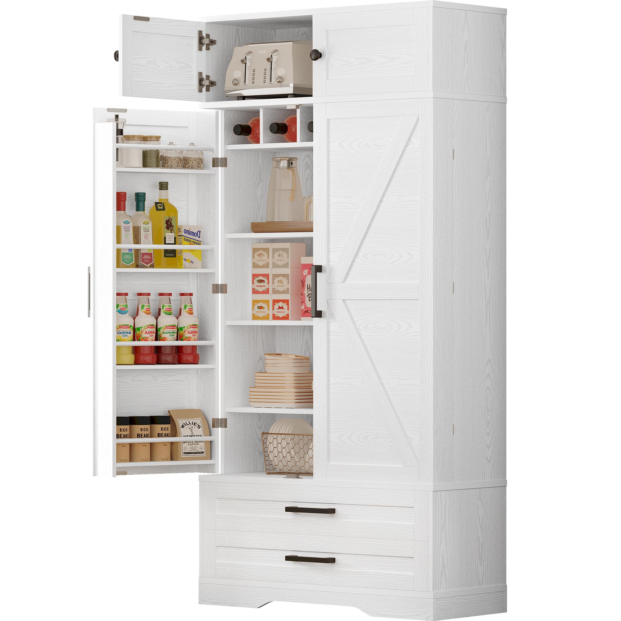 IRONCK Kitchen Pantry 72" Height, with Eight Hanging Shelves, Two Drawers and Open Storage Cabinet, Freestanding Cupboard for Dining Room Living Room,Industrial White