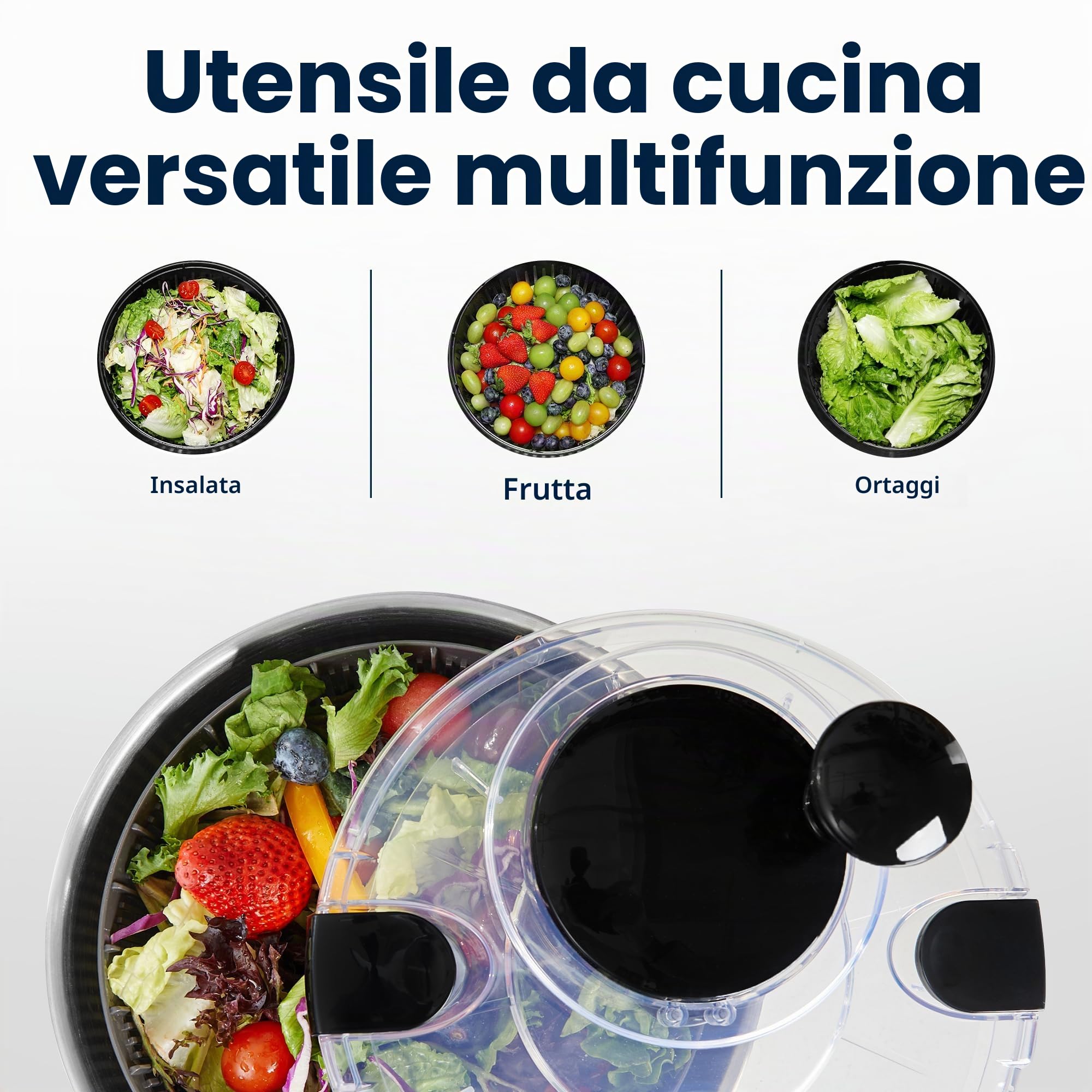 SveBake centrifuga insalata in acciaio inox 18/10 con manovella e ciotola da 4,5 litri, asciuga insalata centrifuga, lavabile in lavastoviglie