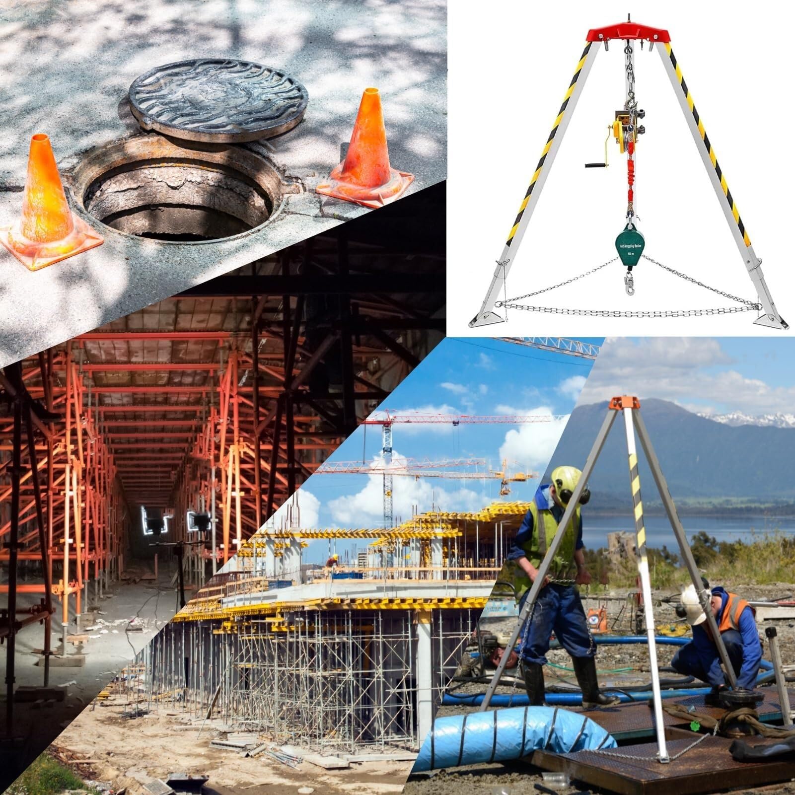 Trépied de Levage Robuste pour espaces confinés avec Dispositif antichute - Kit de Sauvetage autobloquant de sécurité pour tuyaux souterrains et Conditions Difficiles