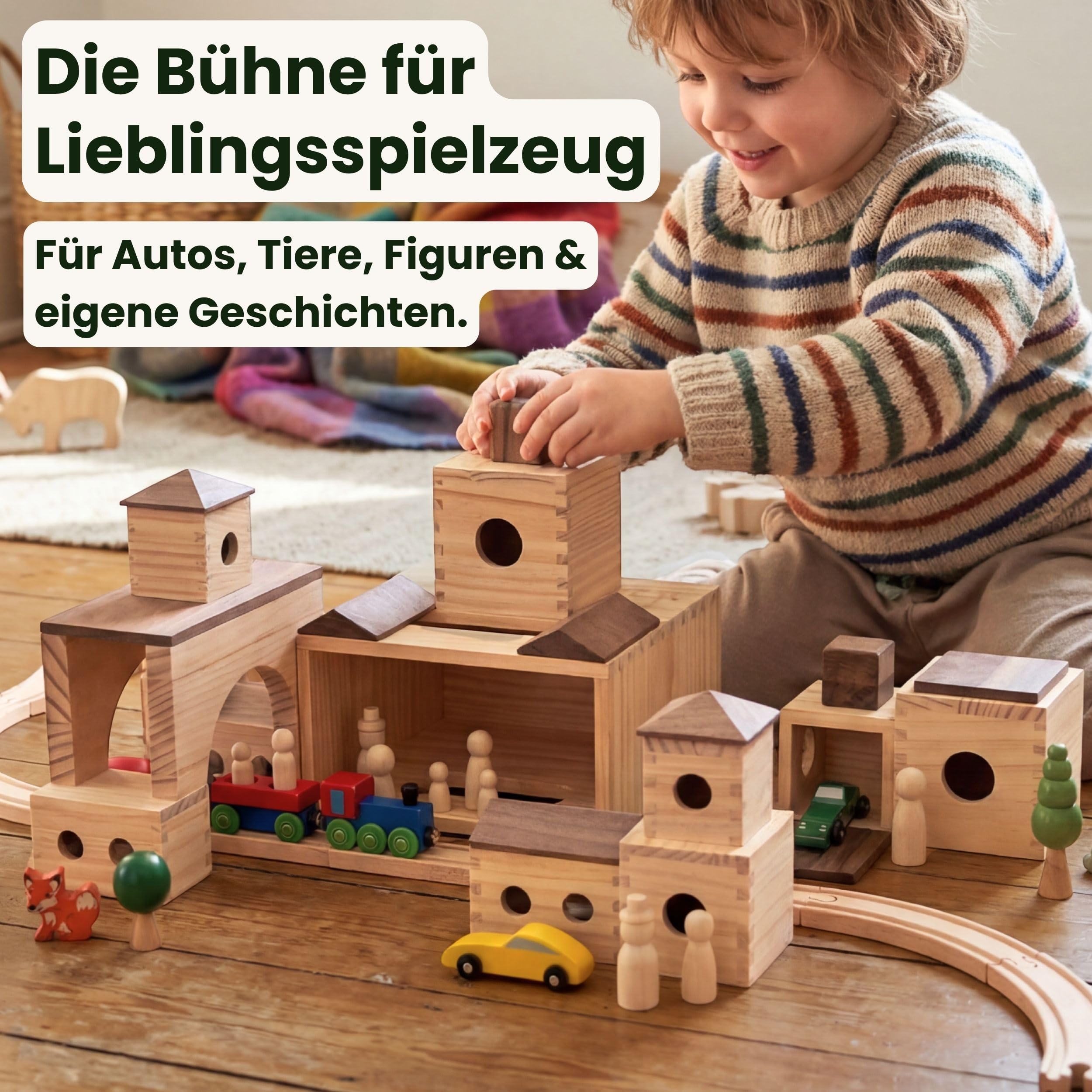 MATZBOX M-Box Montessori kreatywna zabawka z drewnianych klocków – rosnąca wraz z nimi drewniana zabawka premium od 1 do 7 lat – wszechstronne drewniane klocki i pudełka do swobodnej zabawy – trwały