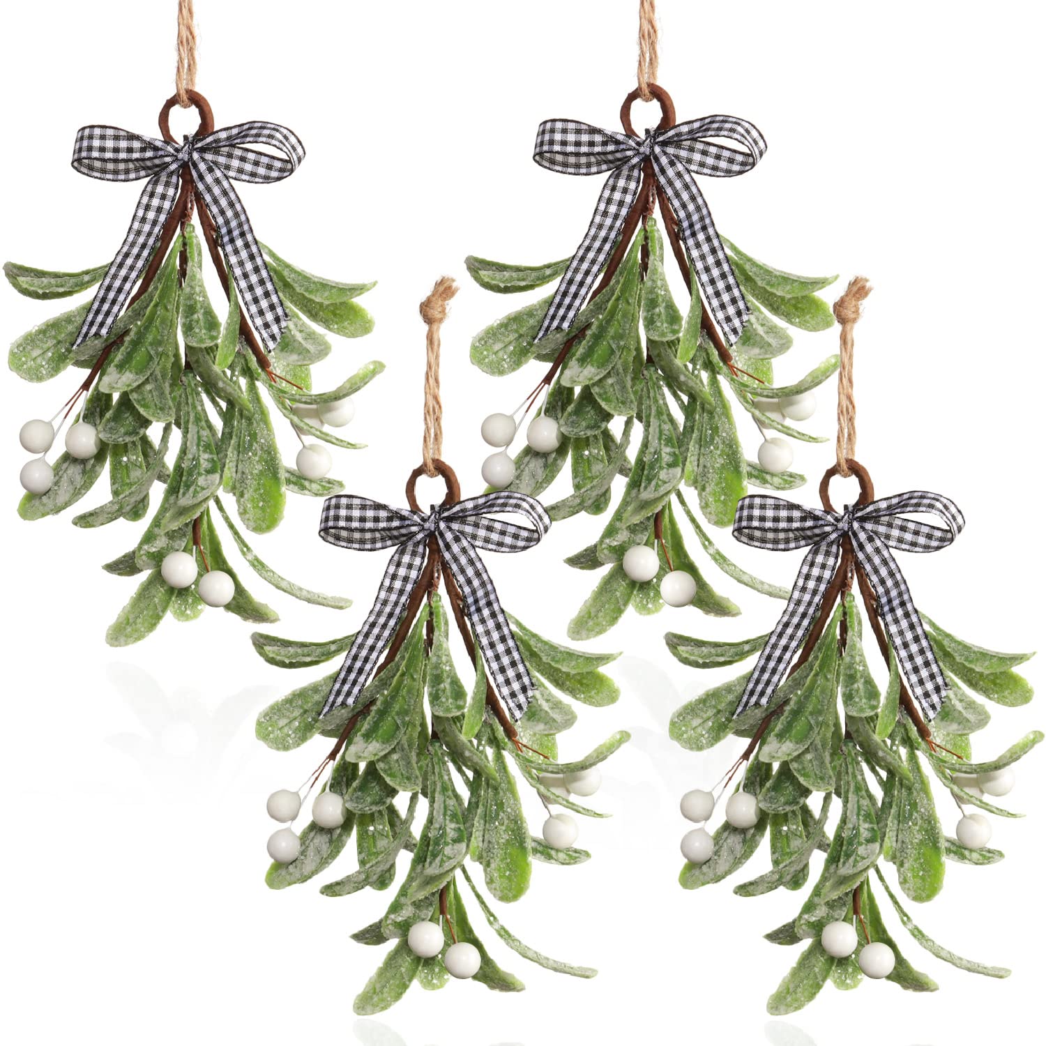 4PCS Christmas Artificial Mistletoe Decoration Picks, Buffalo Plaid Bow White Berries Mistletoe Kissing Ball Christmas Ball Ornaments Hanging Mistletoe Decoration for Christmas Party Tree Decorations