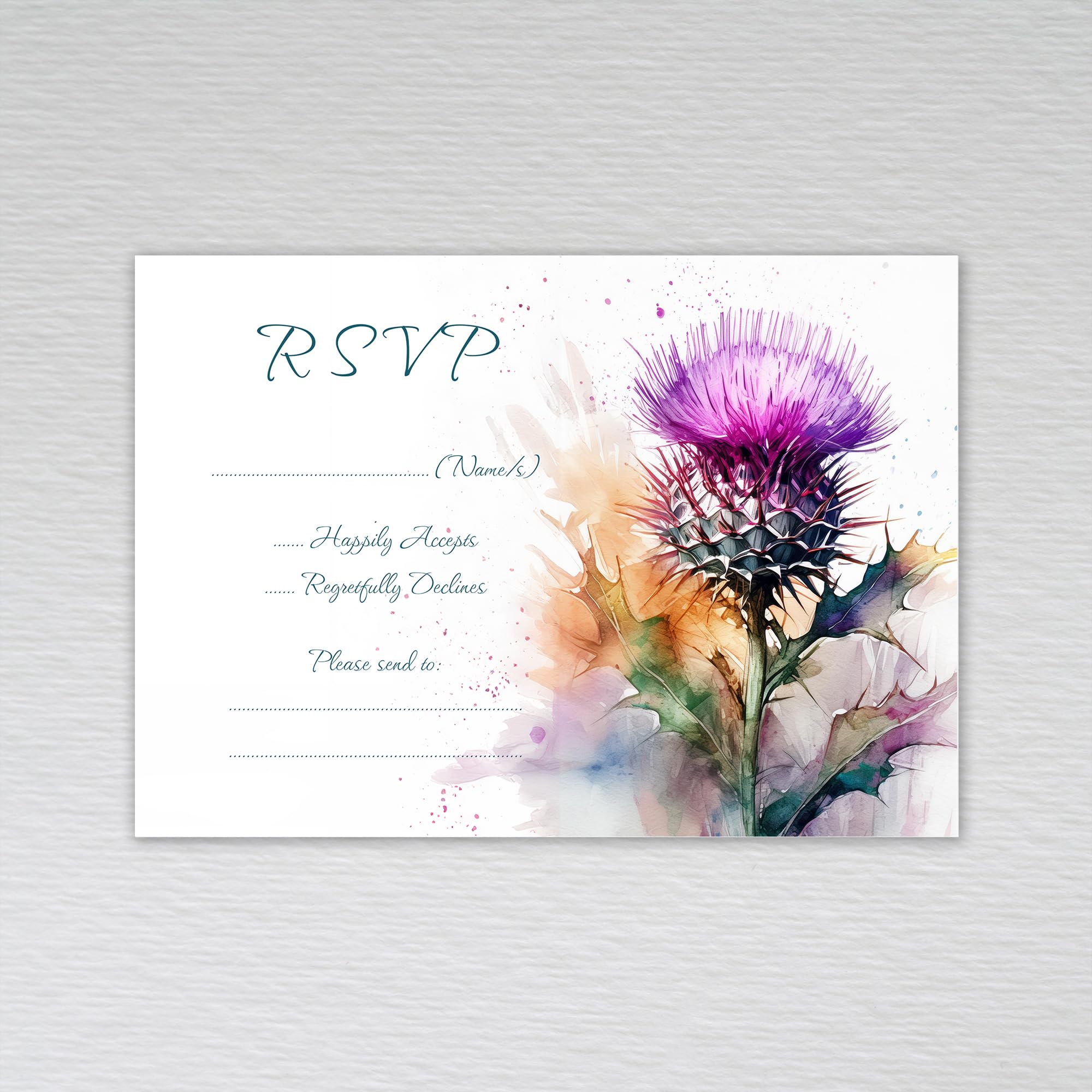 Webspectations Scottish RSVP Cards for Weddings & Party Events with the National Flower of Scotland Theme: Scottish Thistle Wedding RSVP Cards (Pack of 50 without Envelopes)