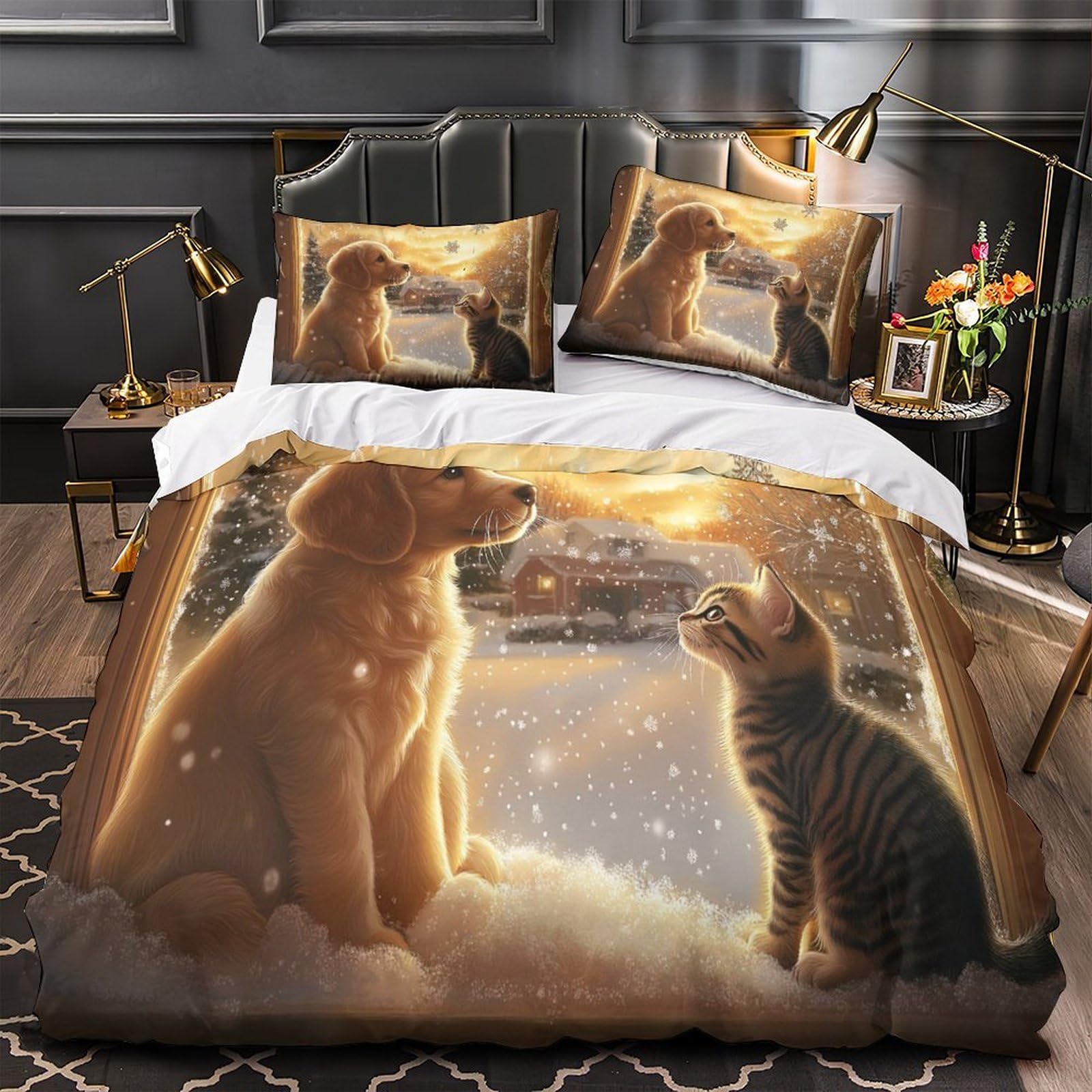 Housse de couette animaux pour une scène chaleureuse déco famille en hiver 140x200cm