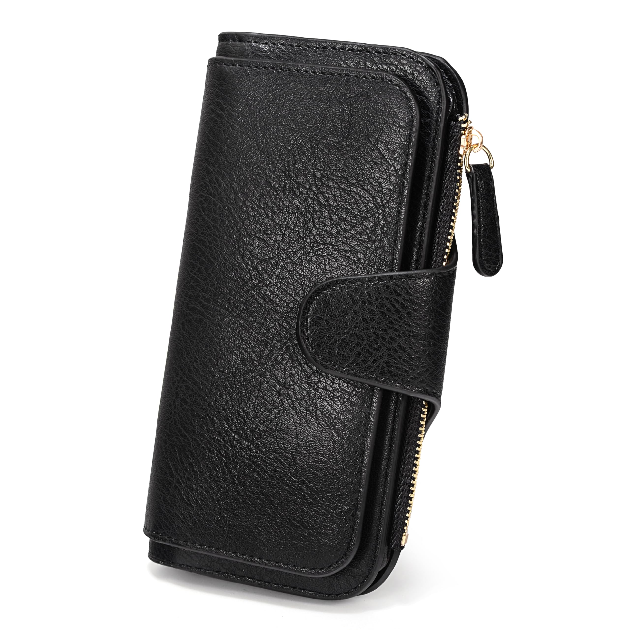Uromee RFID Wallet for Women PU Leather Leaf Pendant Card Holder Phone Checkbook Organizer Zipper Coin Purse