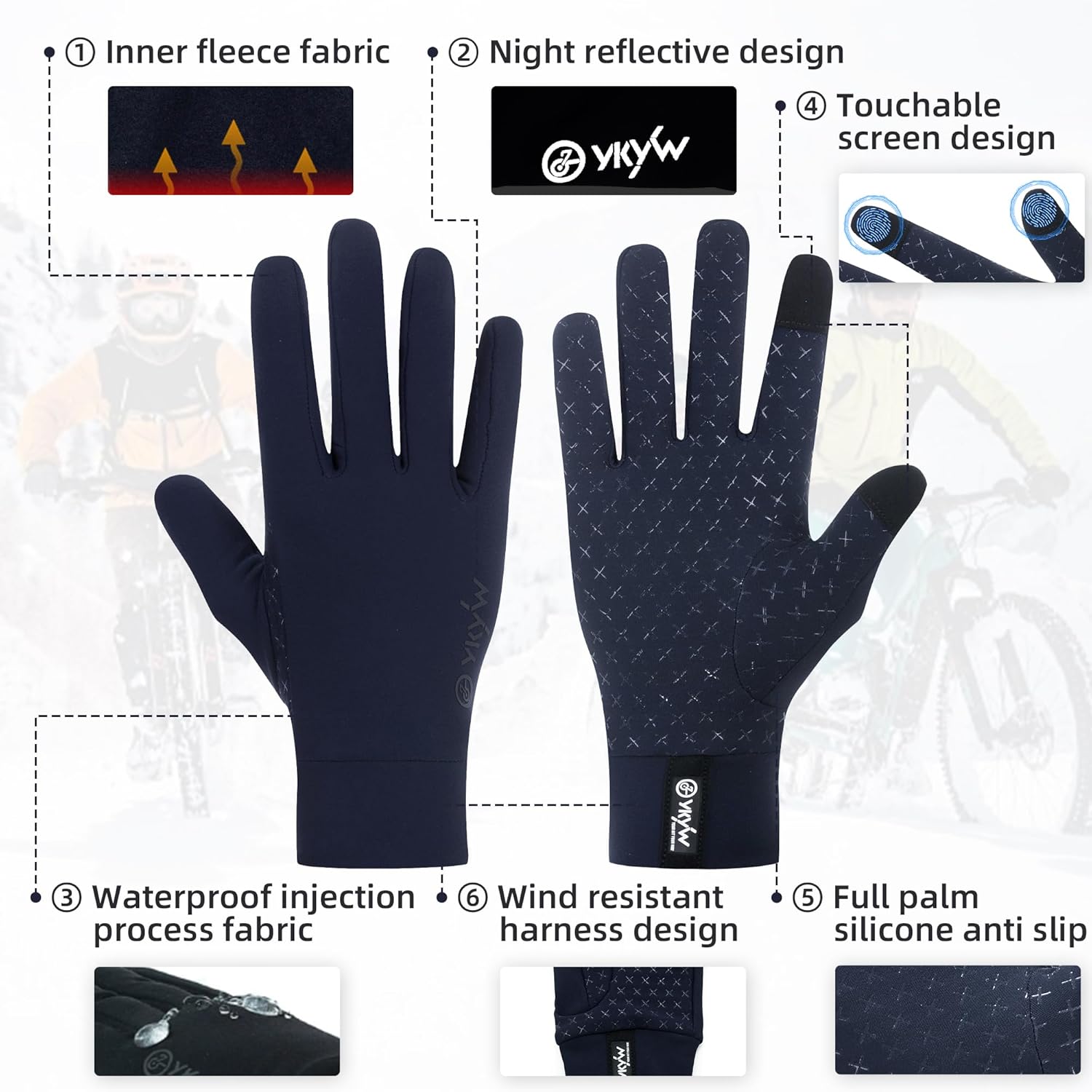 YKYWBIKE Winter Cycling Gloves Men Women -Touch Screen Padded Bike Glove Water Resistant Windproof Warm Anti-Slip for Running Biking Workout