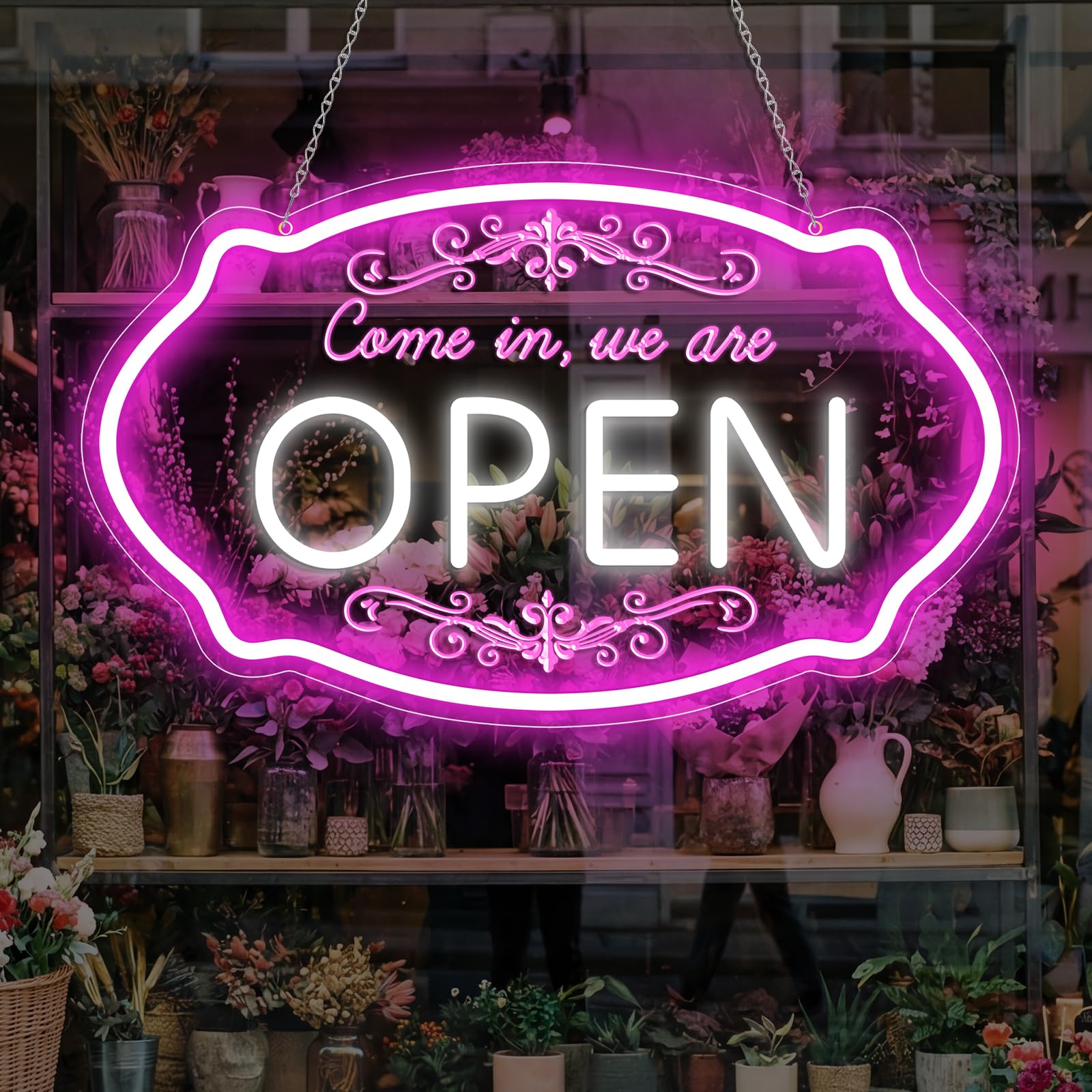 LED Open Signs for Business, 16.5x10'' Dimmable Come in We’re Open Sign, Ultra Bright Light Up Signs Powered by 5V USB, Pink&White Neon Lights Sign for Party, Bar, Stores, Wall, Clubs, Coffee, Hotels — image 1
