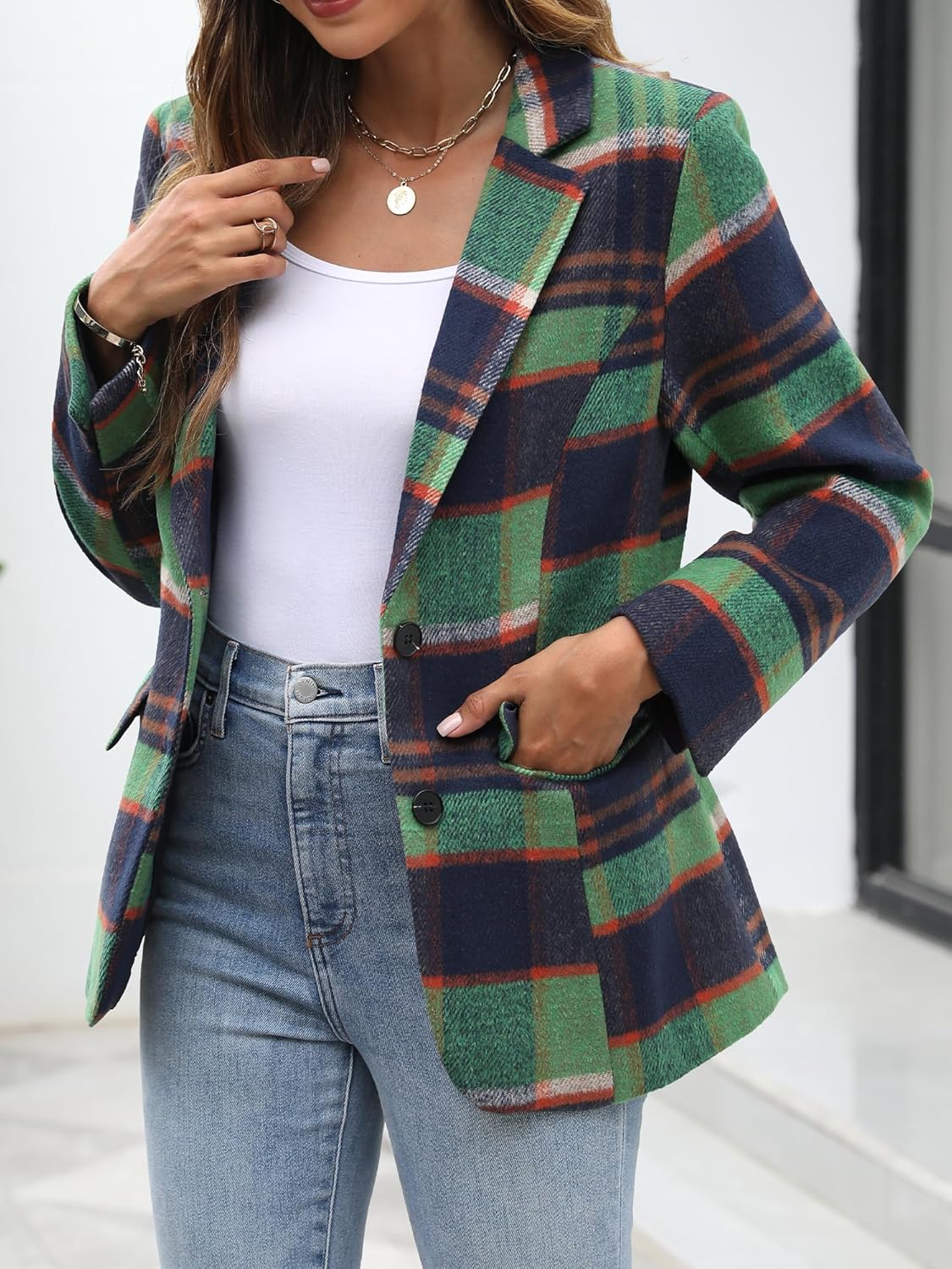 ELLEVEN Women's Lapel Collar Plaid 2 Button Boyfriend Blazer Suit Houndstooth Work Office Blazer Jacket - Image 2