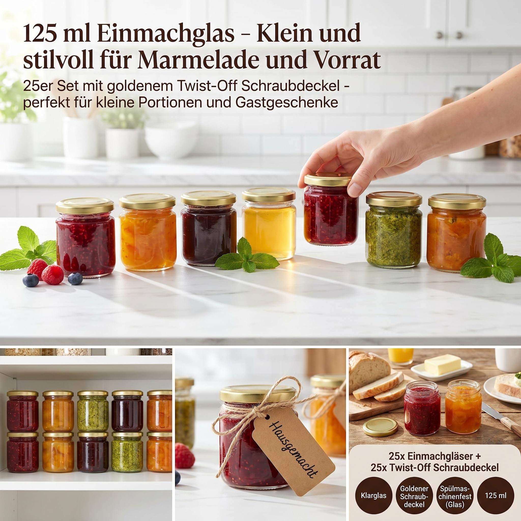 gouveo set da 25 barattoli per conserve rotondi (0,125 l) con chiusura Twist-Off TO 53 coperchi in metallo color oro vasetti piccoli per marmellata miele spezie dessert (HEG125G)