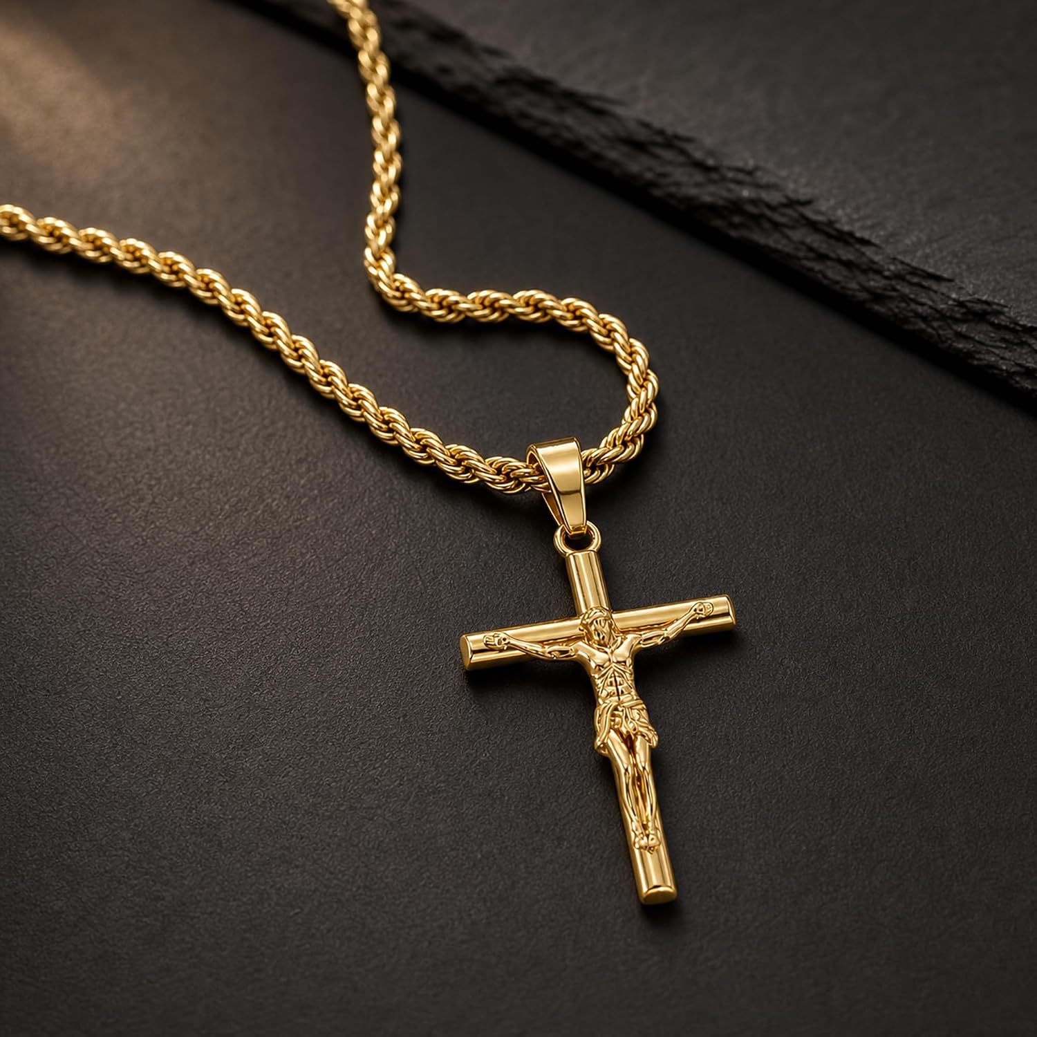 Mens Cross Necklace - Gold/Silver Chain, 18K Gold Plated Crucifix Pendant, Jewelry Gift for Him