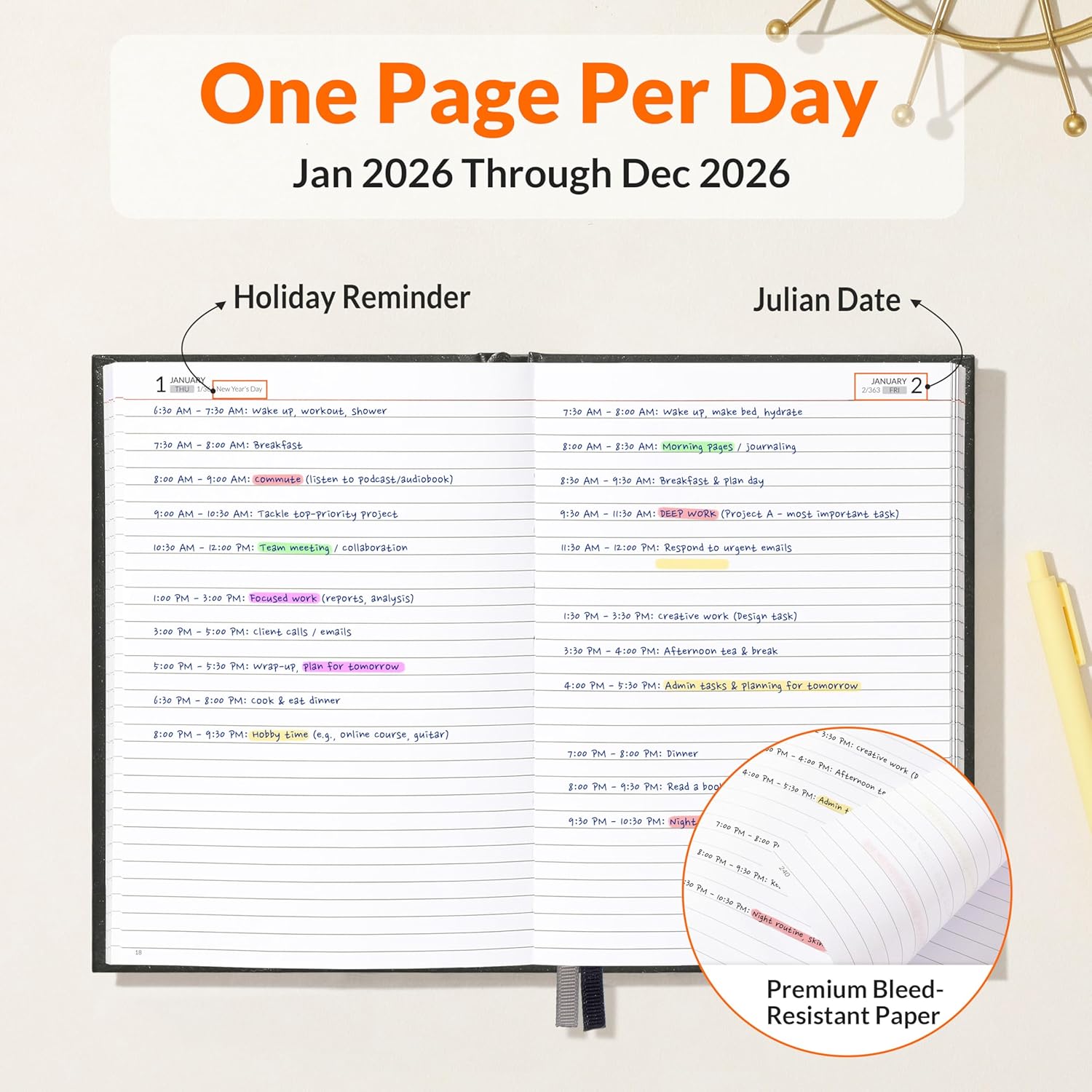 SUNEE 2026 Daily Planner Hardcover - Journal Organizer for Work & School - Daily Page Layout with Holidays, Notes - 100gsm No-Bleed Paper Agenda for Women & Men, Black