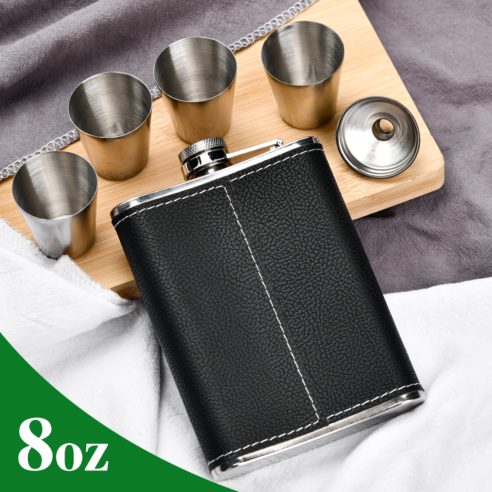 Fiaschetta In Acciaio Inox Da 227ml - Con Imbuto E 4 Tazze, Rivestita In Pelle, Per Escursionismo E Regali - Foto 3