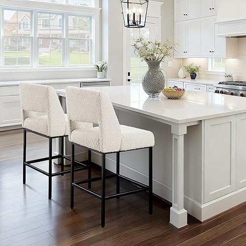 Miniatura 6 de Zesthouse Juego de 2 taburetes de altura de mostrador, taburetes tapizados de tela Boucle con respaldos, sillas de bar modernas de 26 pulgadas para