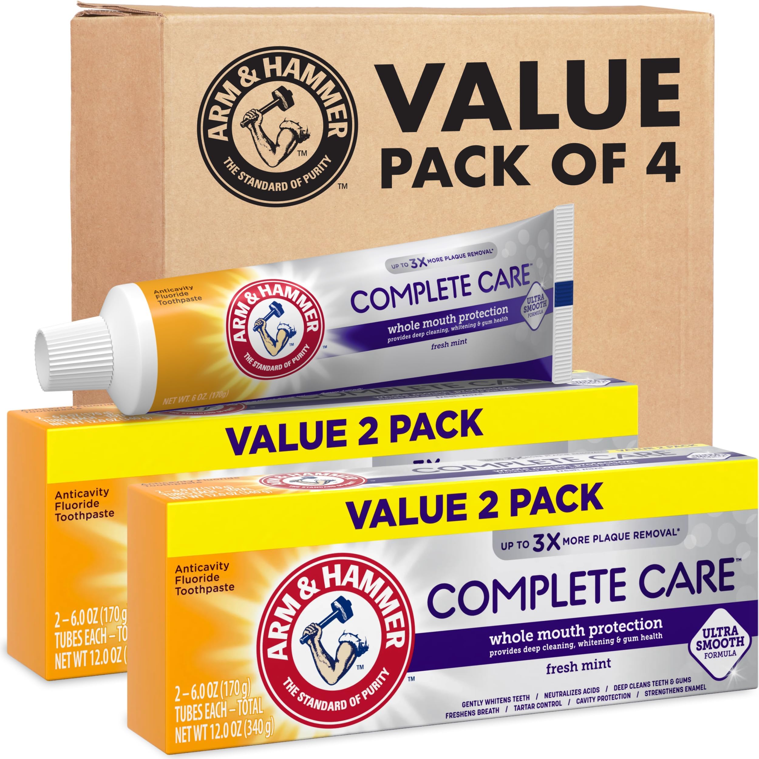 Complete Care Toothpaste, Teeth Whitening Toothpaste with Baking Soda, Fluoride, Whole Mouth Protection, Fresh Mint Flavor, 6.0 oz (Pack of 4)