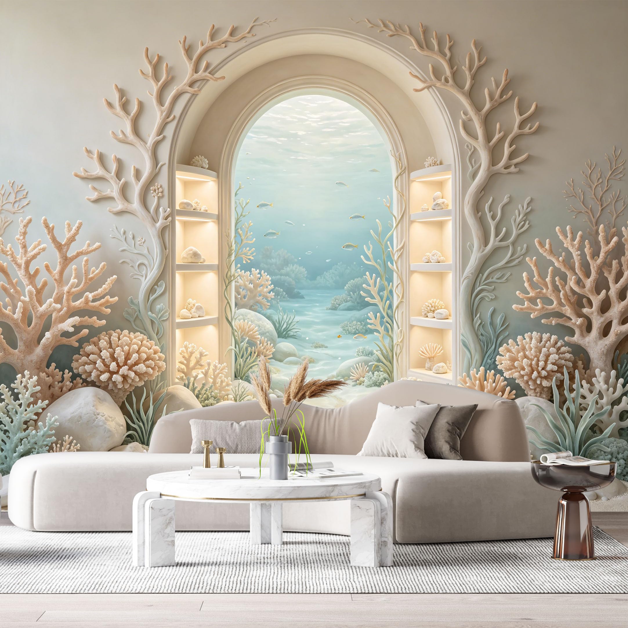 Custom Size Wall Murals Coastal Ocean Marine Underwater Arch 3D Trompe L'Oeil SelfAdhesiveWall Fabric Removable Wallpaper Wall Decor for Living Room Bedroom Bathroom