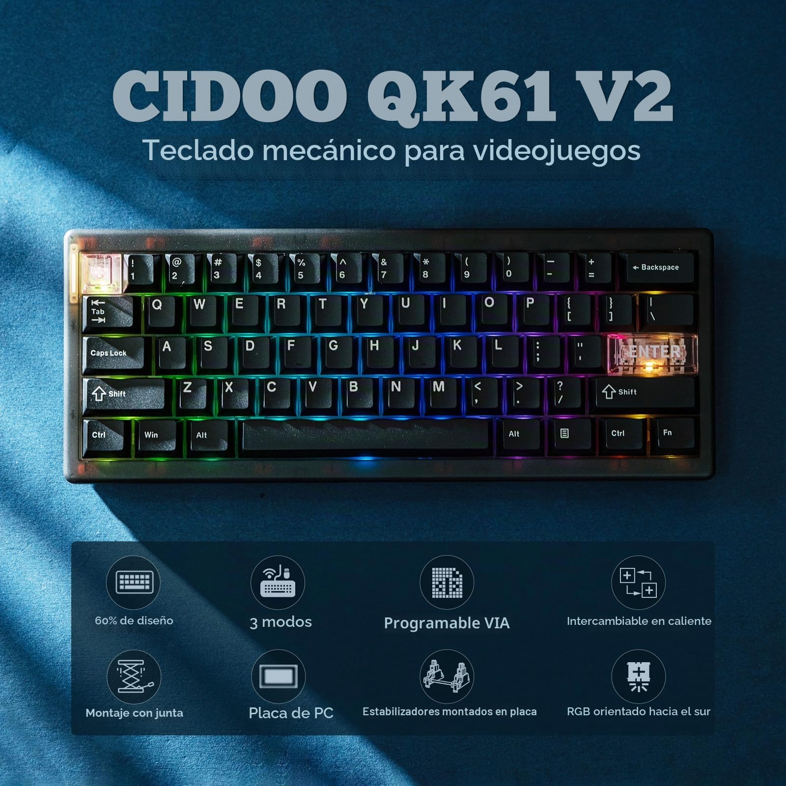 MechLands CIDOO QK61 V2 Via - Teclado programable 60% para Juegos, Teclado Personalizado Intercambiable en Caliente, Teclado mecánico con Placa de PC, RGB, batería de 3000 mAh para Win/Mac (Negro)