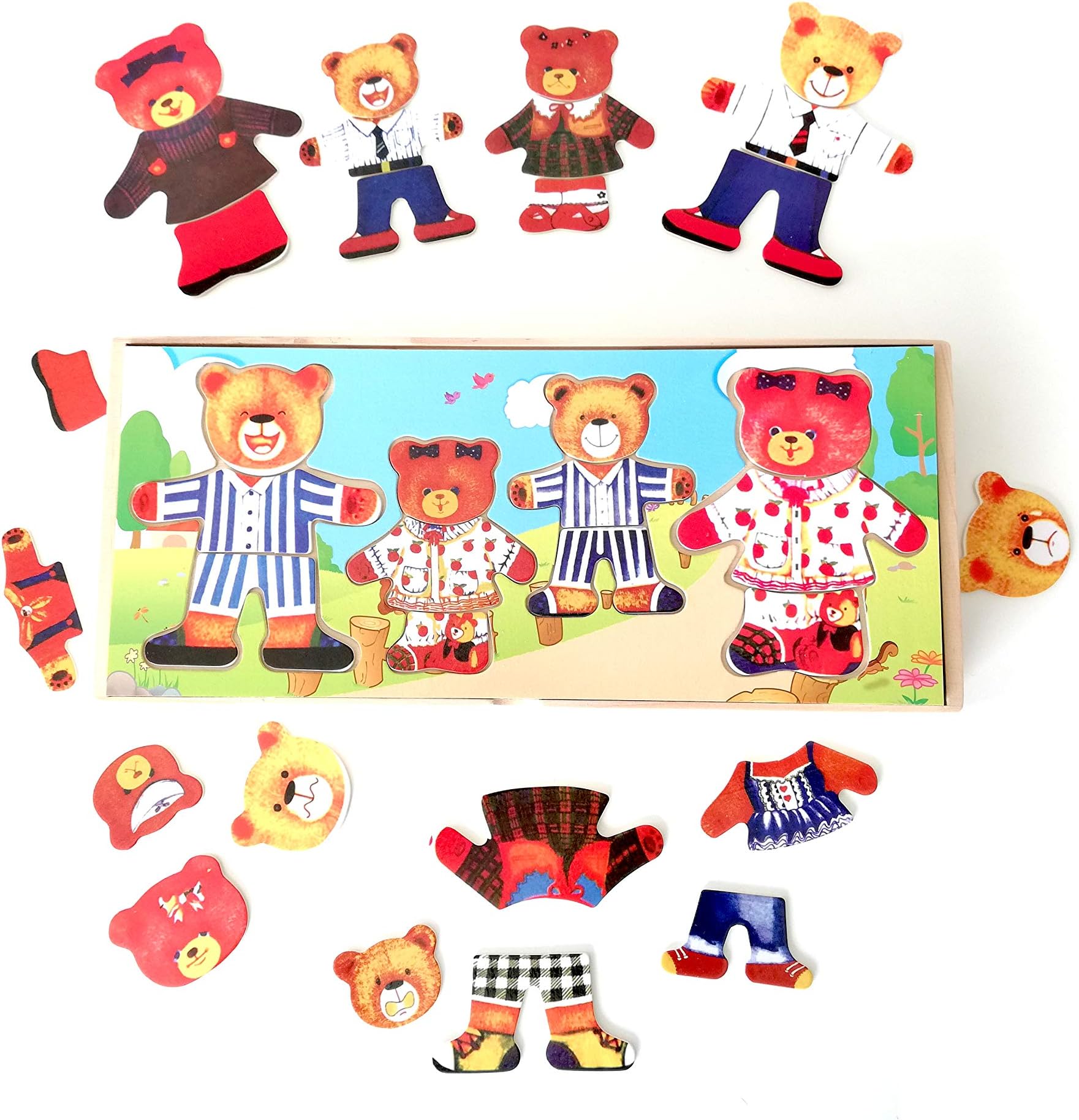 Genius Art Mix 'n Match Wooden Bear Family Dress-Up Puzzle with Storage Case, 66 Pieces