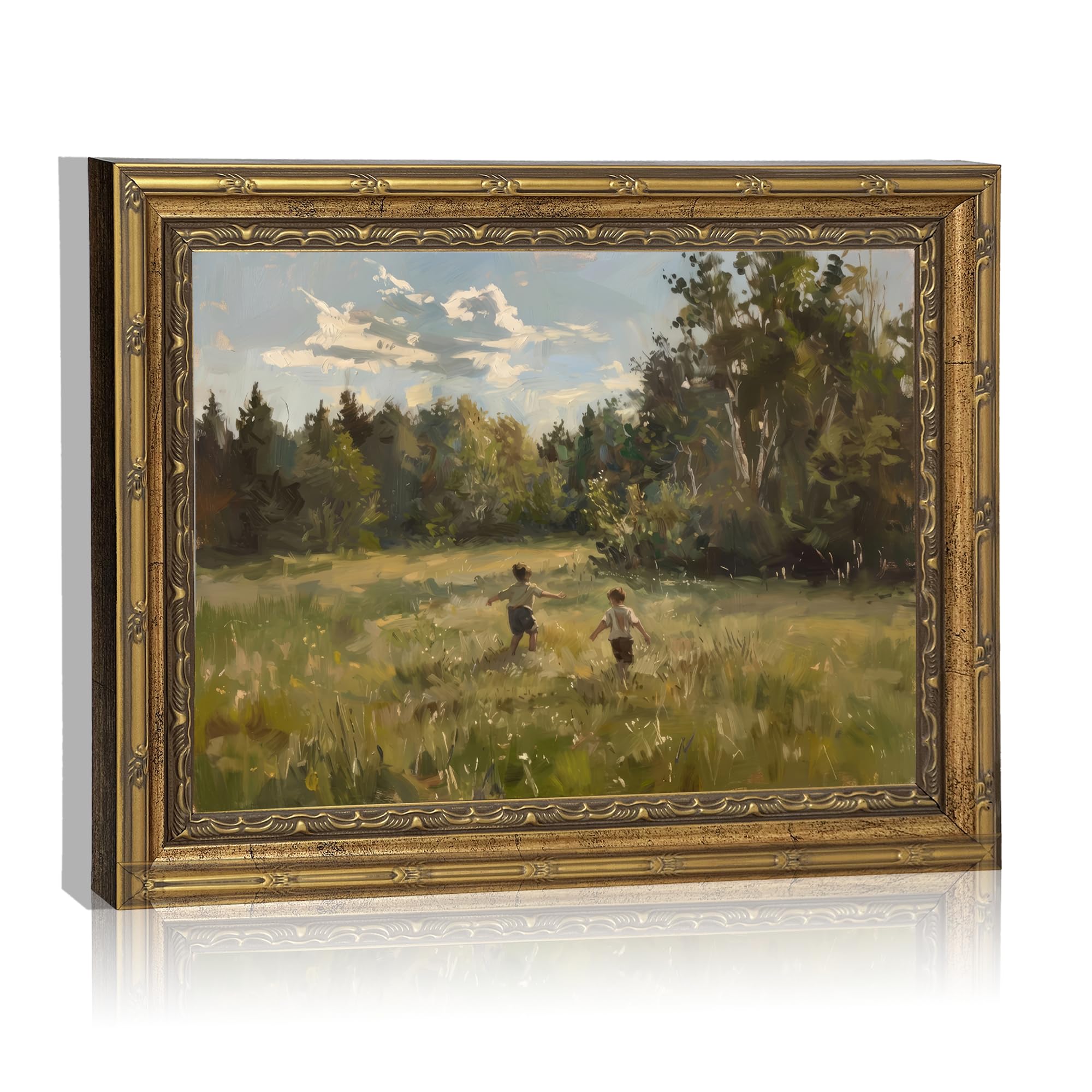 Canvas Wall Art Framed - Kids in Summer Field Landscape Painting, Vintage Gold Framed Picture Poster Prints Artwork for Home Wall Decor,12x16 Inch - 1