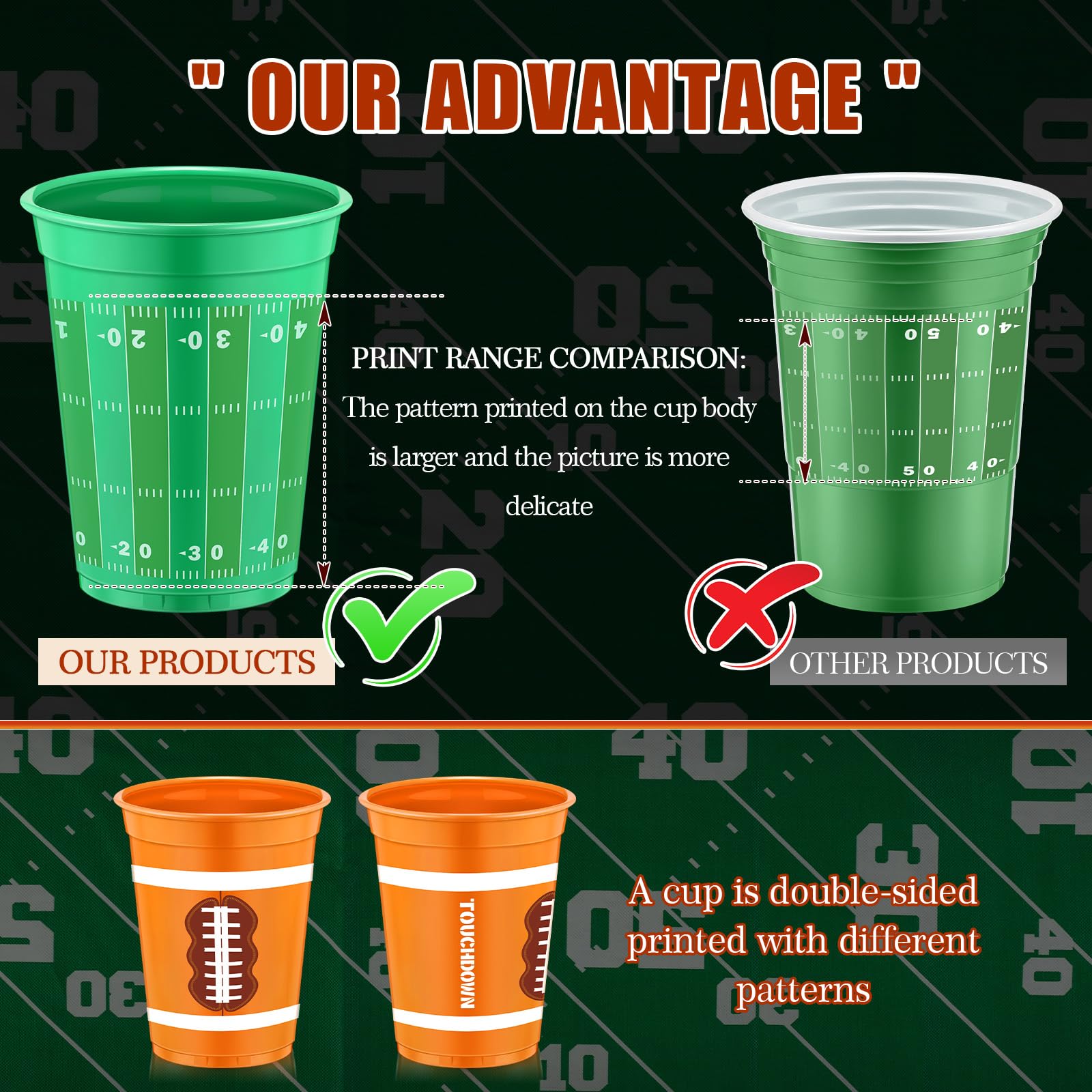 Dandat 100 Pcs Football Disposable Thick Plastic Cups Football Party Supplies, 16 oz Green Cocktail Cups Decorations for Tailgate Party Football Game Time Supplies Decorations in 2 Designs
