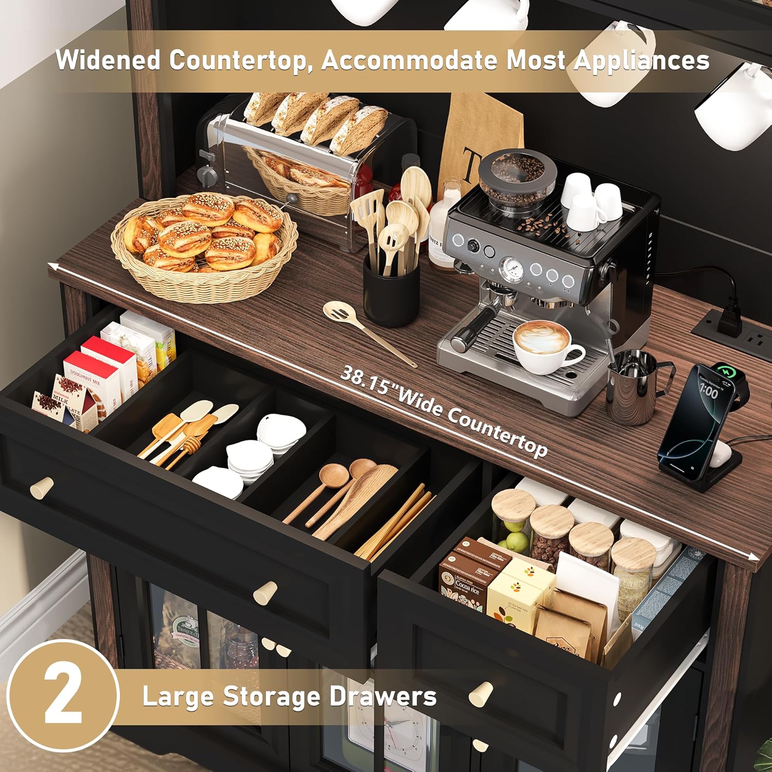 LED Kitchen Pantry Cabinet with Power Outlet, Large Kitchen Hutch Storage Cabinet with Door & Shelves & 2 Drawers, Tall Farmhouse Coffee Bar w/Hutch for Home Dining Living Room, Black