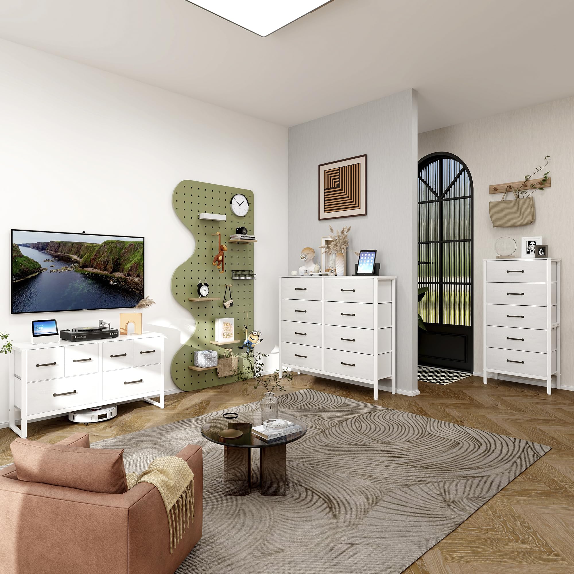 LYNCOHONE White Dresser with 8 Drawers, Wide Dresser for Bedroom Entertainment Center with Metal Frame, Wooden Top, Fabric Drawers Dresser for Bedroom, Hallway, Entryway, White