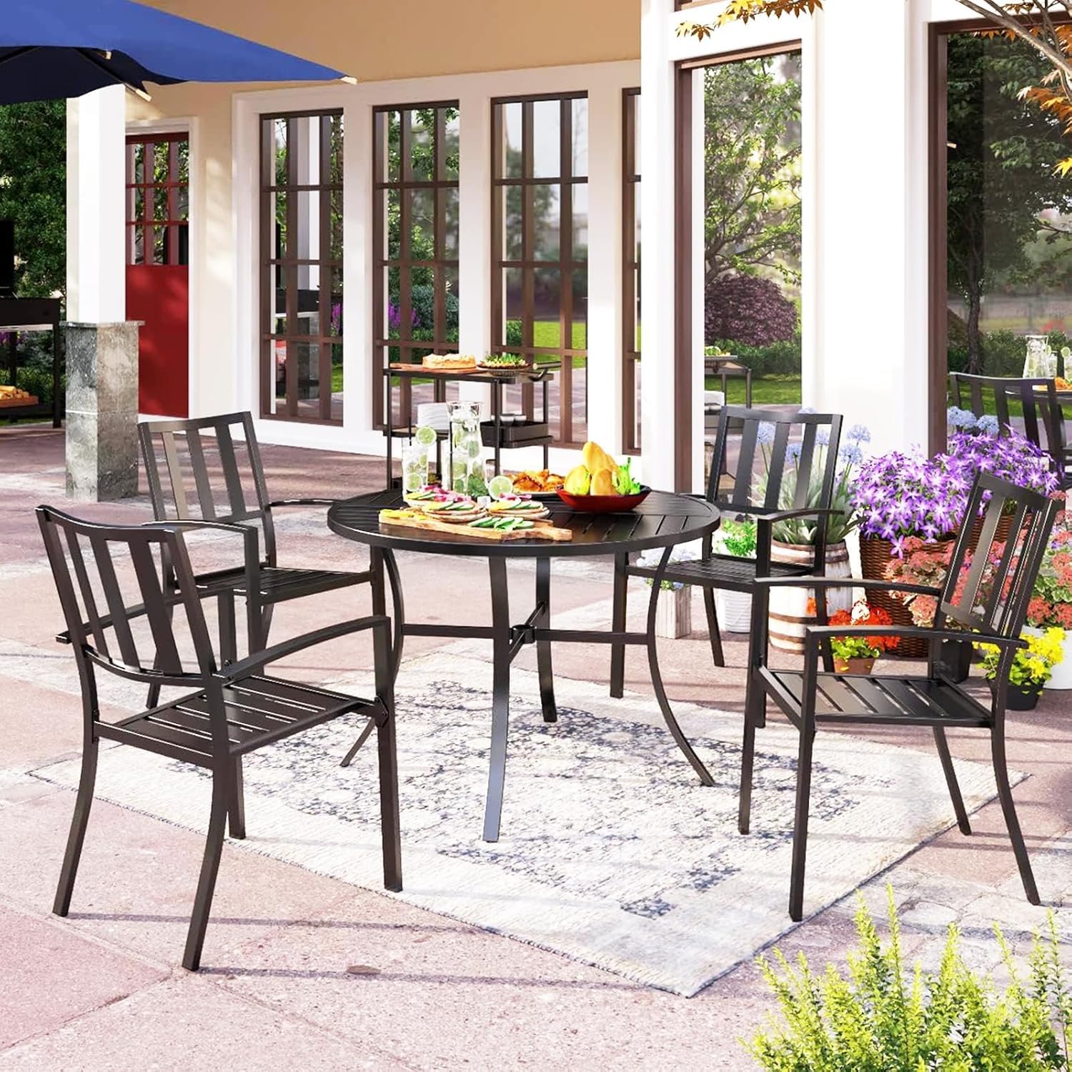 PHI VILLA Table a Manger de Jardin Exterieur, Table d'appoint Cuisine à Manger avec Trou de Parasol pour Terrasse 4 Personnes Ronde Fer Forge