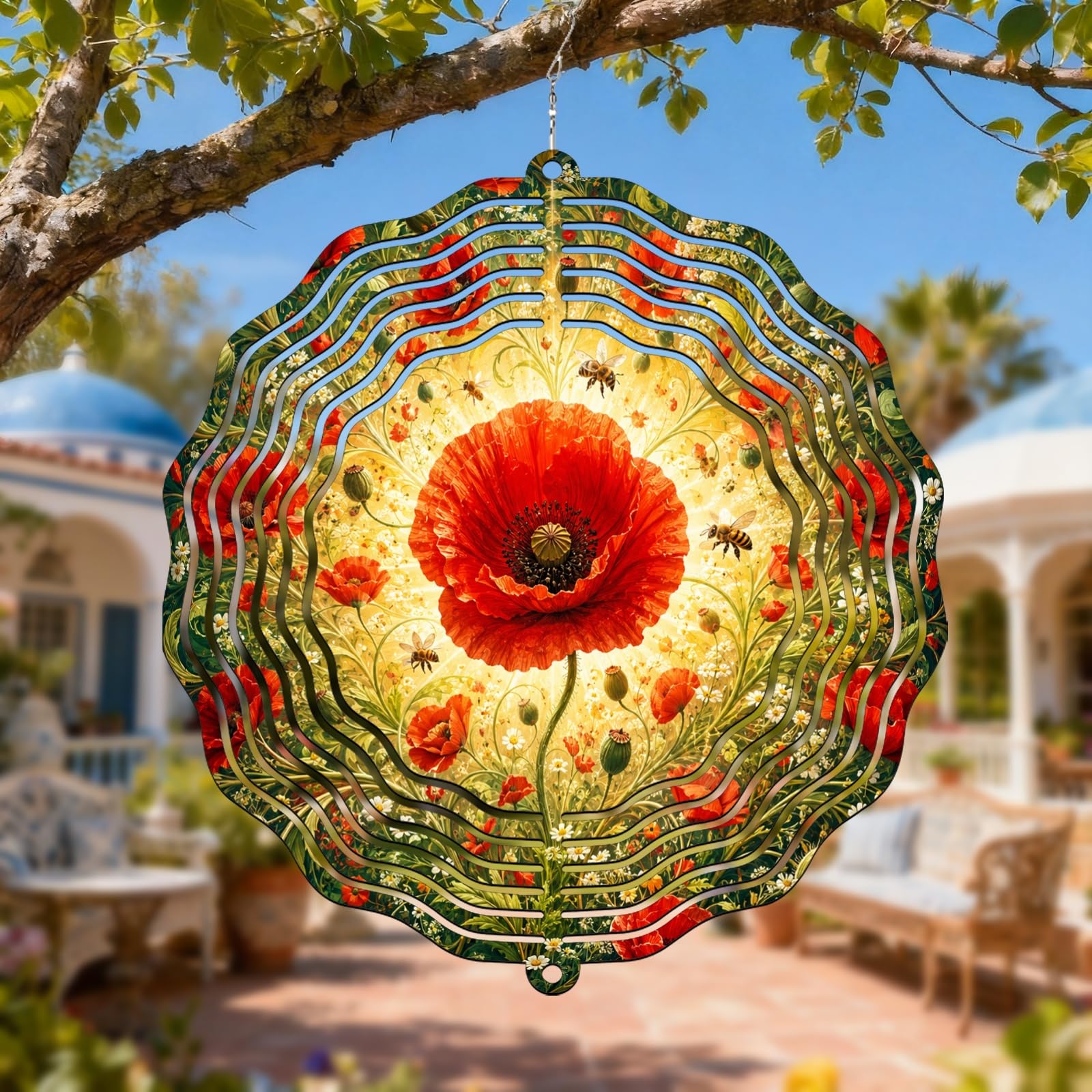 Poppy Wind Spinner, Spring Floral Bees Flowers Spring Red Metal Outdoor Color Changing Wind Sculptures Gifts for Garden Patio Porch Balcony Home Decor 12 Inch