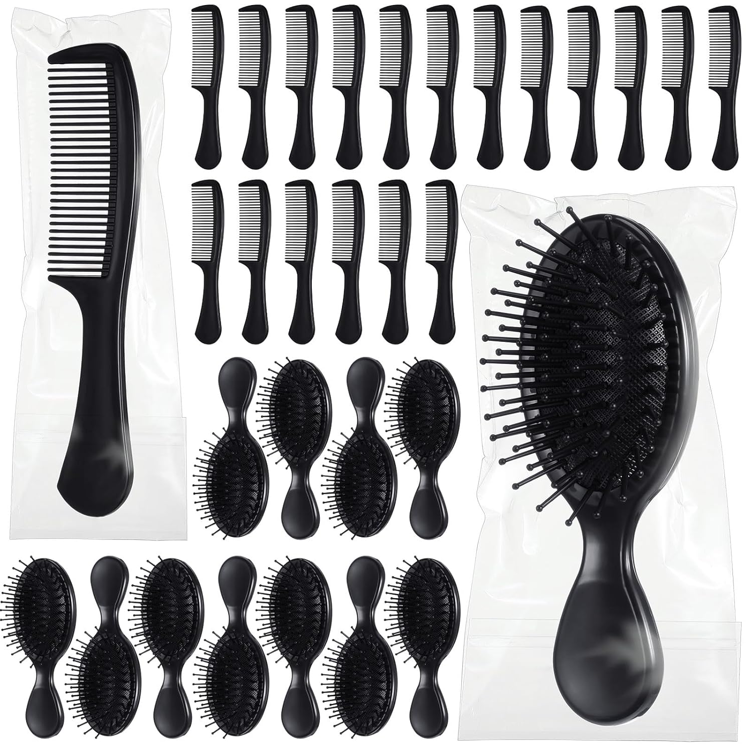FillTouch 48 Pcs Mini Hair Brush and Comb Sets Bulk Wet Hairbrushes Travel Detangling Combs for Most Hair Types Homeless Individually Wrapped Christmas Party Gifts for Women Men(Black)