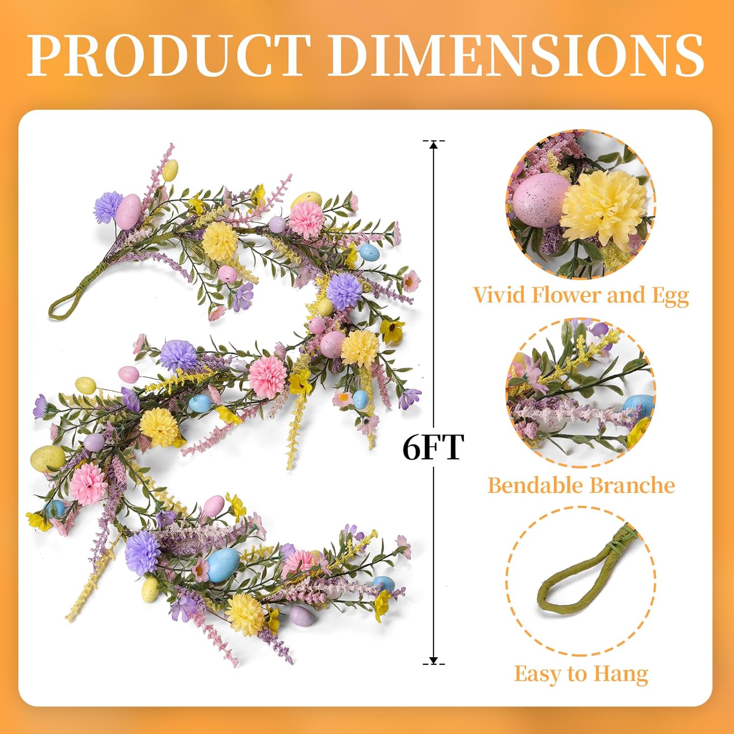 Easter Garland Decorations 6FT Artificial Easter Egg Garland with Colorful Egg Yellow Daisy Purple Lavender for Front Door Mantel Porch Windows Party & Home Décor Holiday Decoration