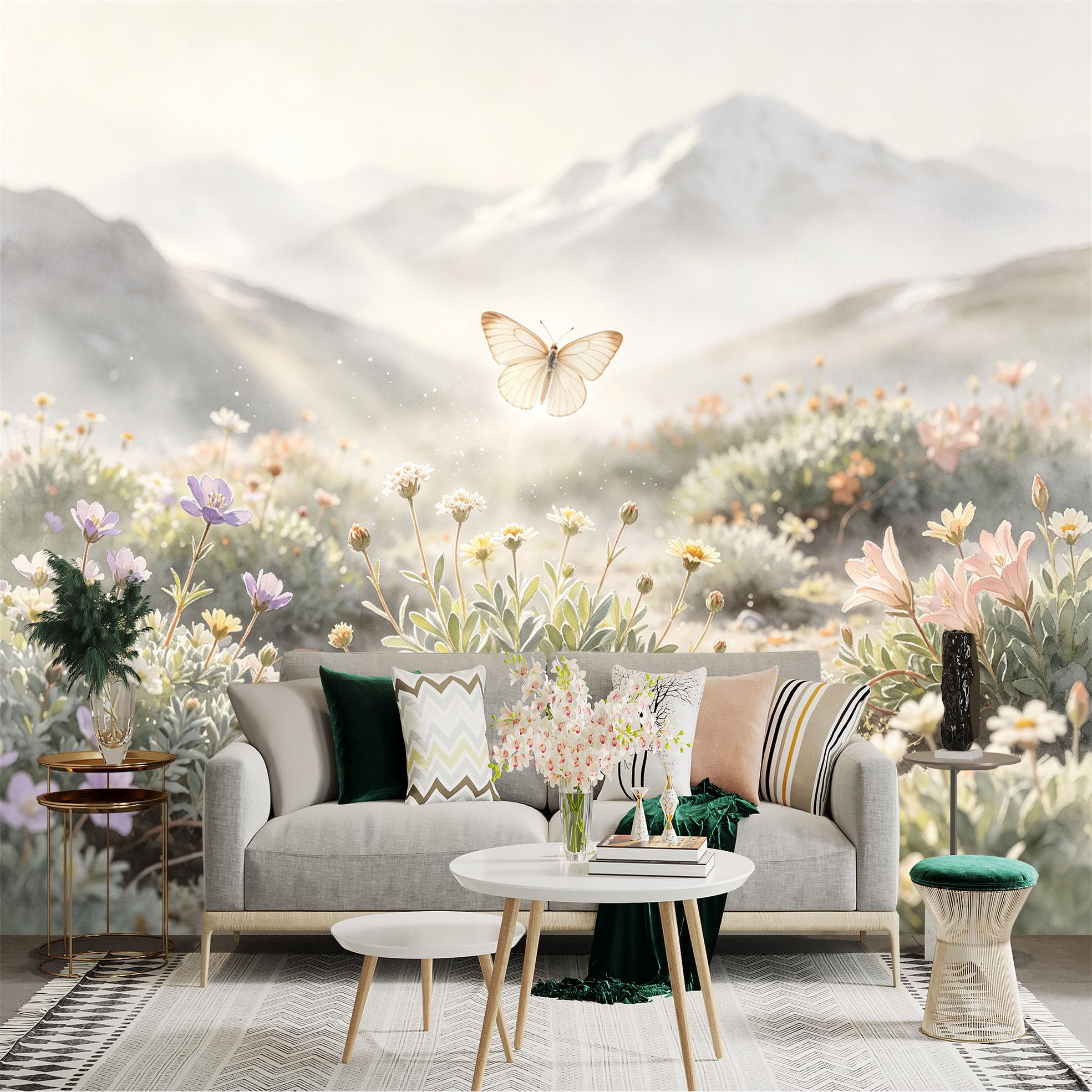 Lnzczhyre Bh260719731 Custom Size Wall Sticker Mural， Flying Butterfly， Soft Pastel Wildflowers， Misty Mountain Landscape， For Wall Decoration， Peelandstick Wall Decals.