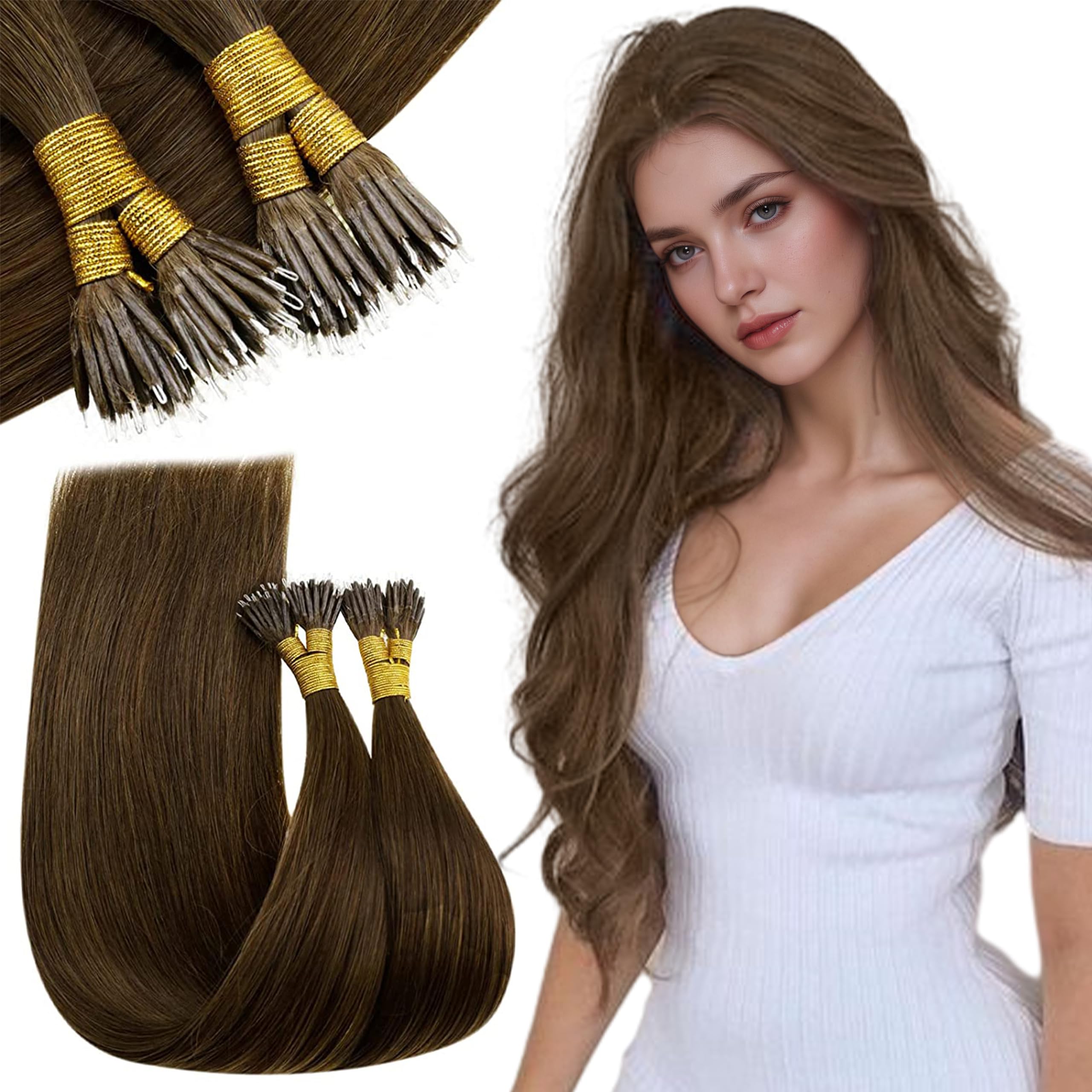 RUNATURE 18 Inch Nano Hair Extensions Real Human Hair Black Balayage Brown Nano Beads Hair Extensions Real Human Hair Ombre Blonde Invisible Straight Remy Nano Rings Hair 50g 50s #1b/4/27 — view 34