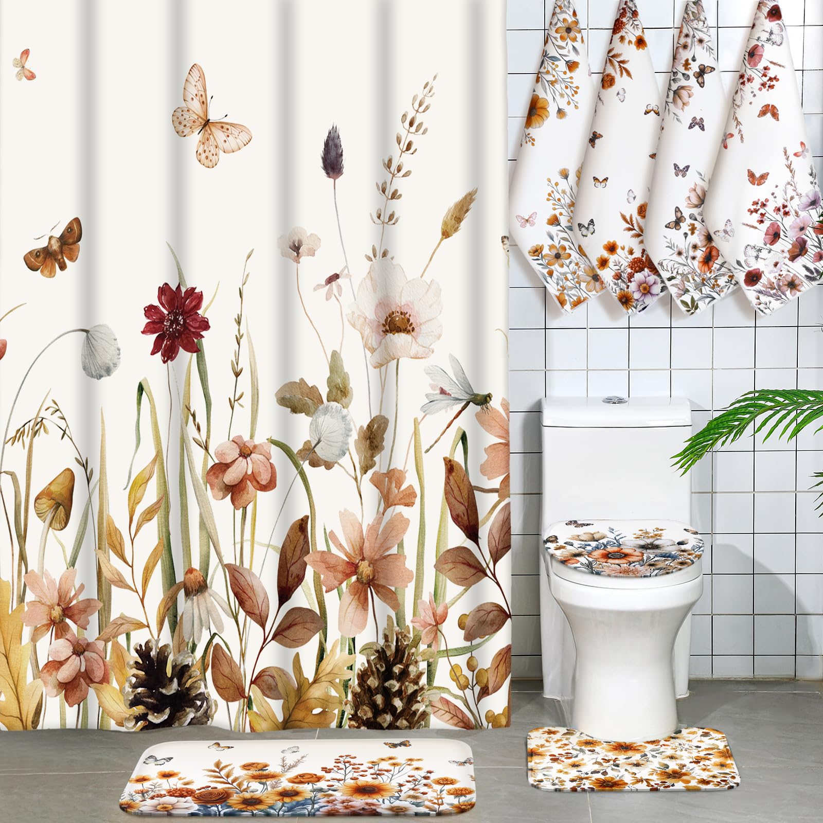 Rideau de douche de ferme floral pour une décoration de salle de bain d'automne