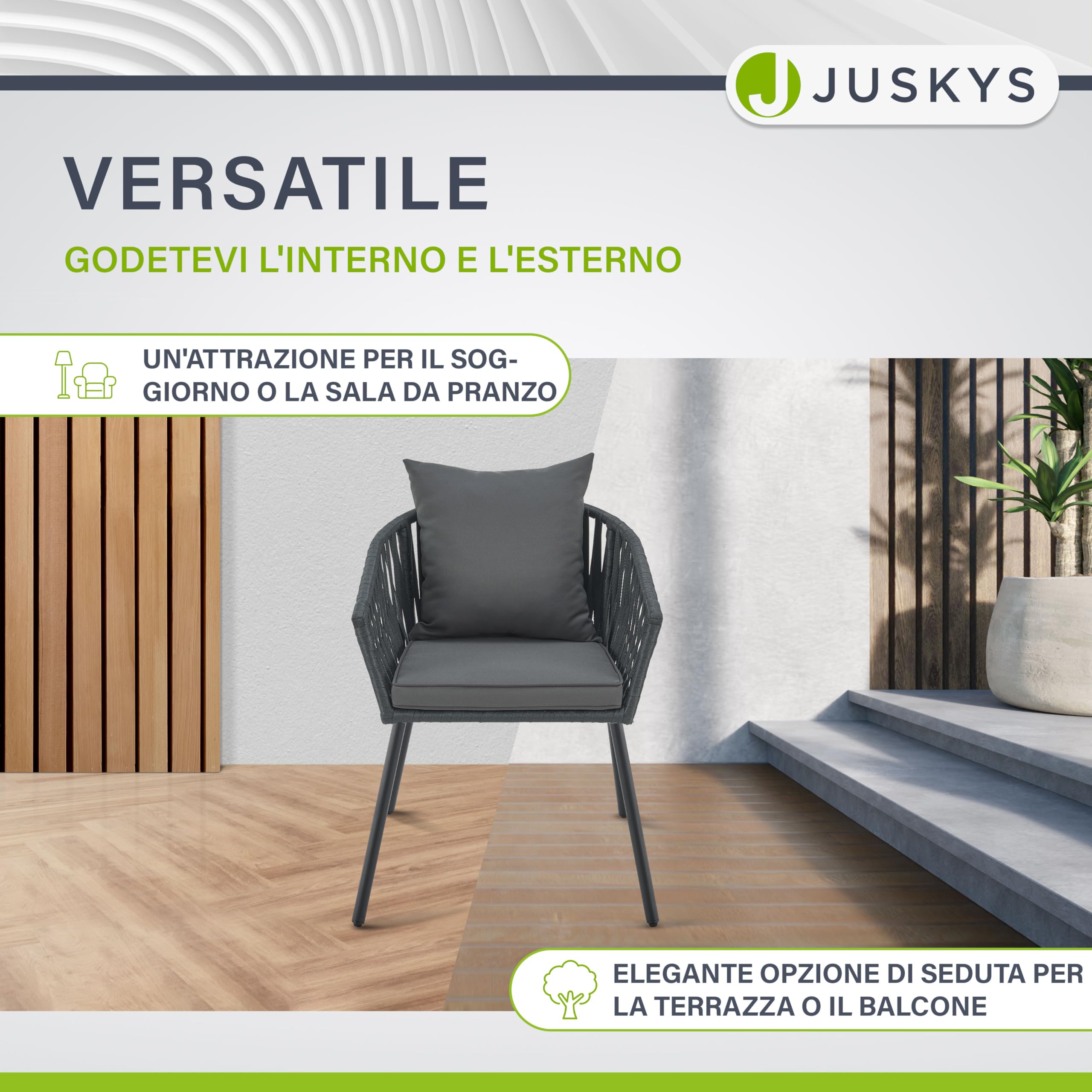 Juskys Sedie da giardino Rope set 2 pezzi – Resistenti alle intemperie – con cuscini per seduta e schienale in poliestere – Grigio scuro
