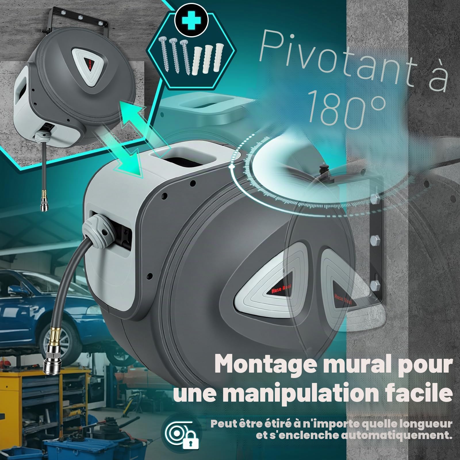 Tuyau à air comprimé, 30 m, enrouleur automatique de tuyau à air comprimé, raccord rapide 1/4”, support mural pour compresseur, atelier Gris