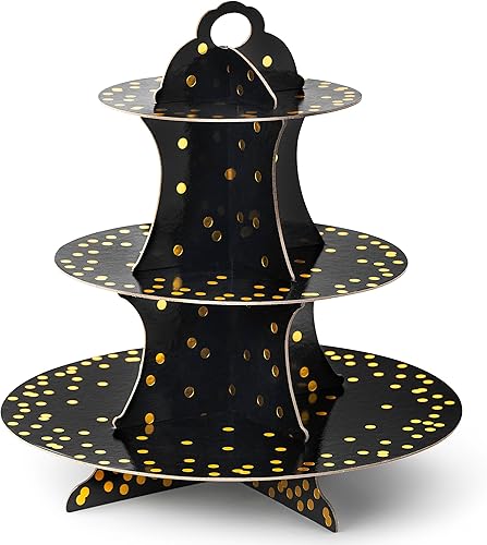 Royal Bluebonnet Soporte para cupcakes negro y dorado, decoraciones de cumpleaños negras y doradas, soporte de pastel de tazas para mesa