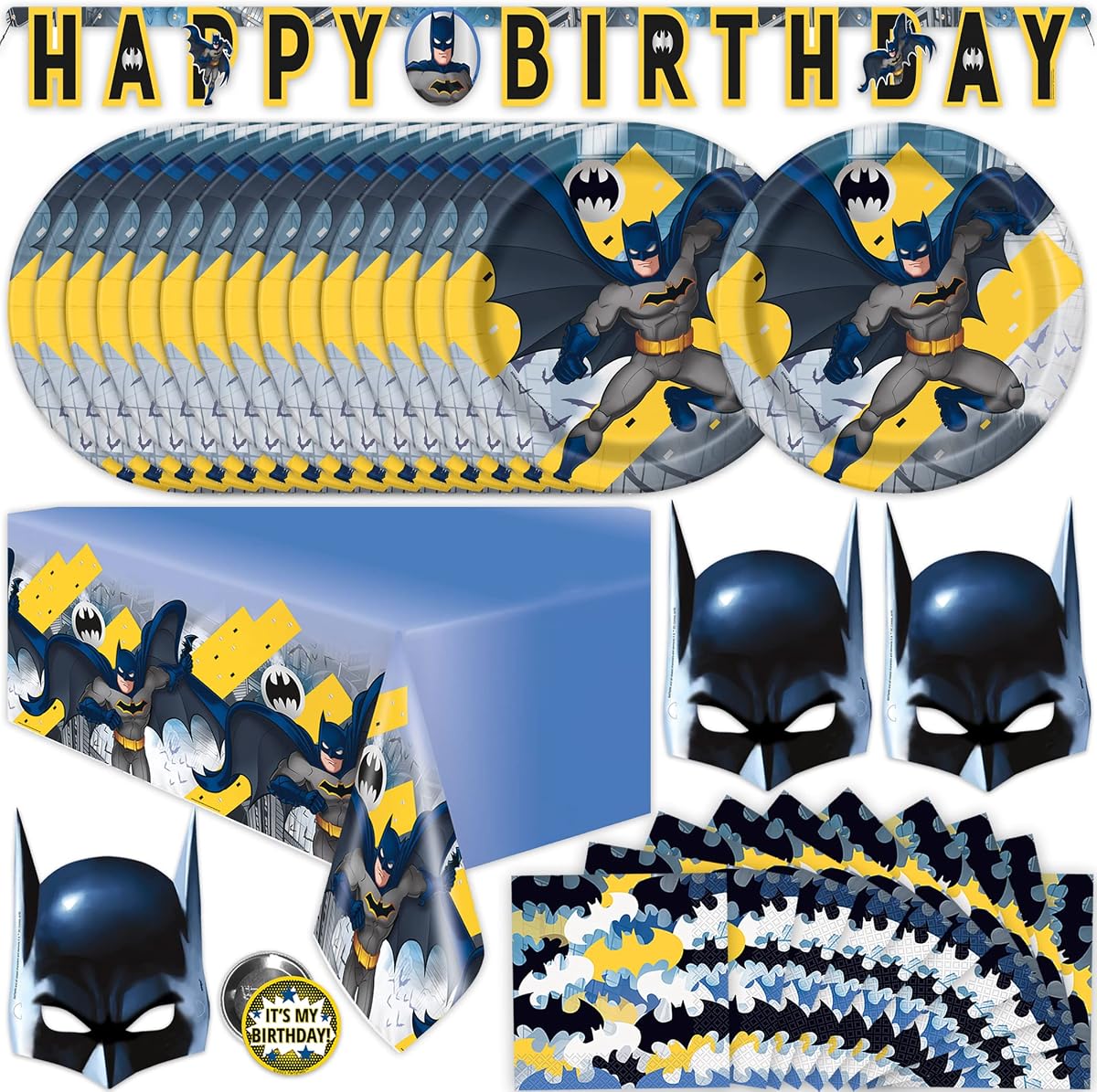 Decoraciones de cumpleaños de Batman para fiesta con recuerdos de fiesta con máscara - Sirve 16 | Pancarta, mantel, máscaras, platos y servilletas con licencia oficial, vajilla de papel fabricada en EE. UU.