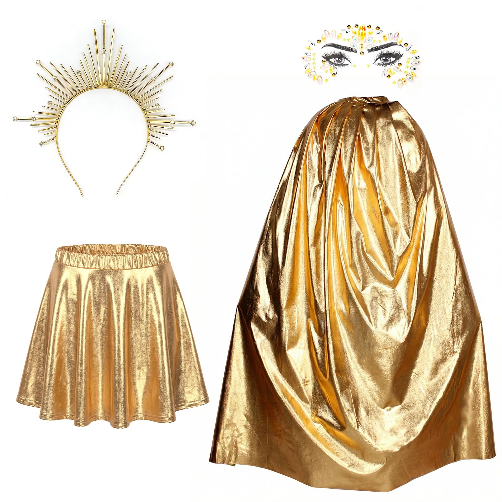 PANMAY Sun Costume Gold Cape Metallic Pleated Skirt Glitter Skirt Headband Sun Goddess Costume Women's Halloween Theme Party Cosplay