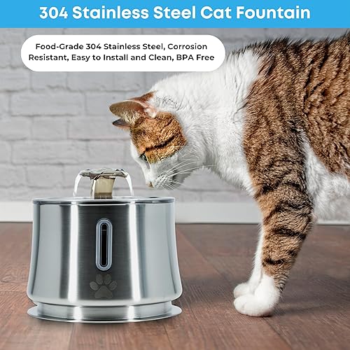 Miniatura 7 de Okys - Fuente de agua para gatos de acero inoxidable, fuente de agua para mascotas de 2.5 litros con luz LED