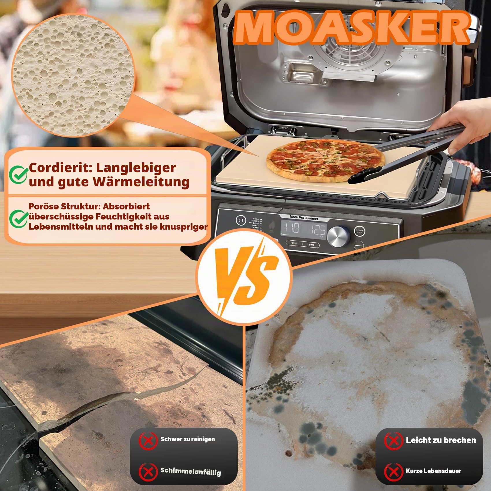Pizzastein mit Gestell für Ninja Woodfire XL Grill OG800 OG900 Serie Zubehör, Woodfire Grill Pizzastein für Ninja OG951 OG850 OG952 Pro Connect XL Outdoor Grill Zubehör, Rechteck