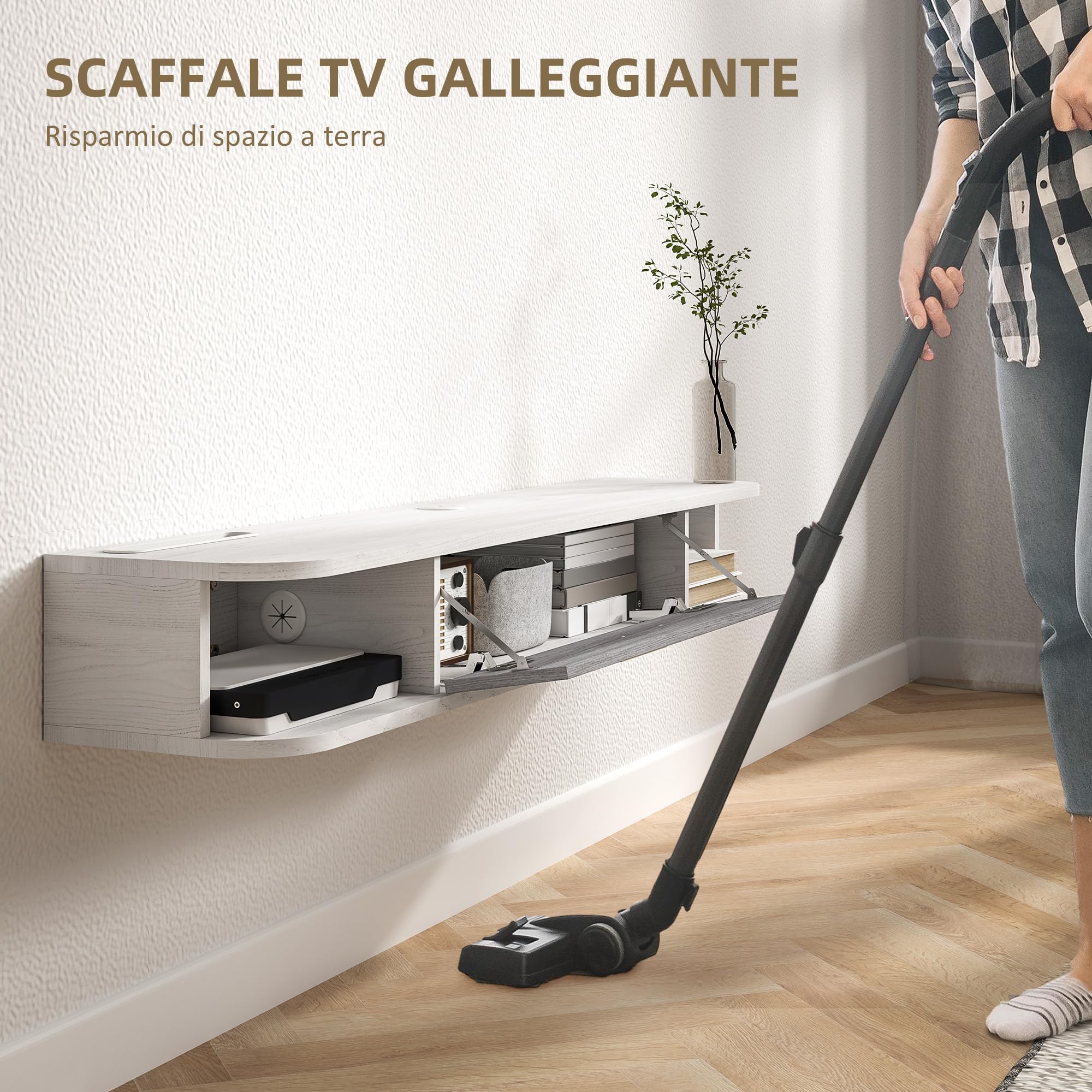 HOMCOM Mobile TV Sospeso con 2 Ripiani Aperti e Armadietto ad Anta Ribaltabile, Mobile Porta TV in Legno, 120x26x16 cm, Bianco e Grigio