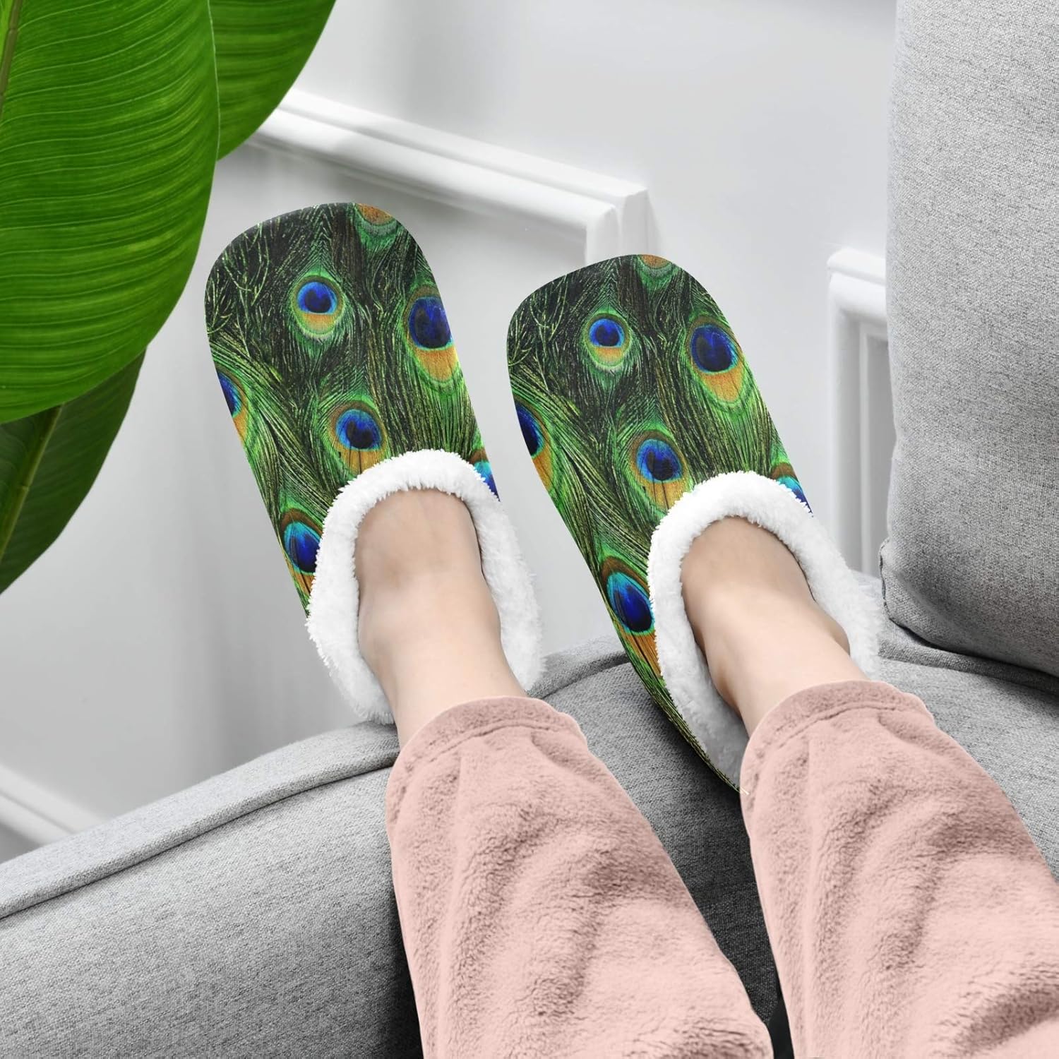 Naanle Peacock Feather Women's Closed Back House Slippers - Memory Foam Comfy Indoor Outdoor Bedroom Shoes With Anti-Slip Rubber Sole - Fuzzy Fleece Warm Home Footwear - Image 4