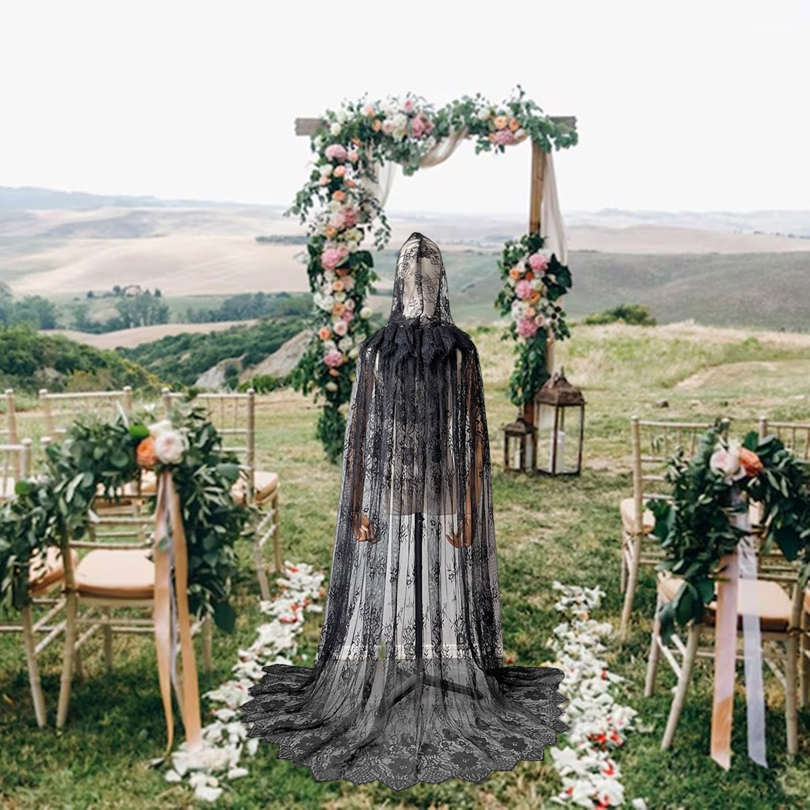 Chal de boda de nailon ligero transparente con patrón de encaje detallado para novia y evento especial, capa negra para fiesta de noche