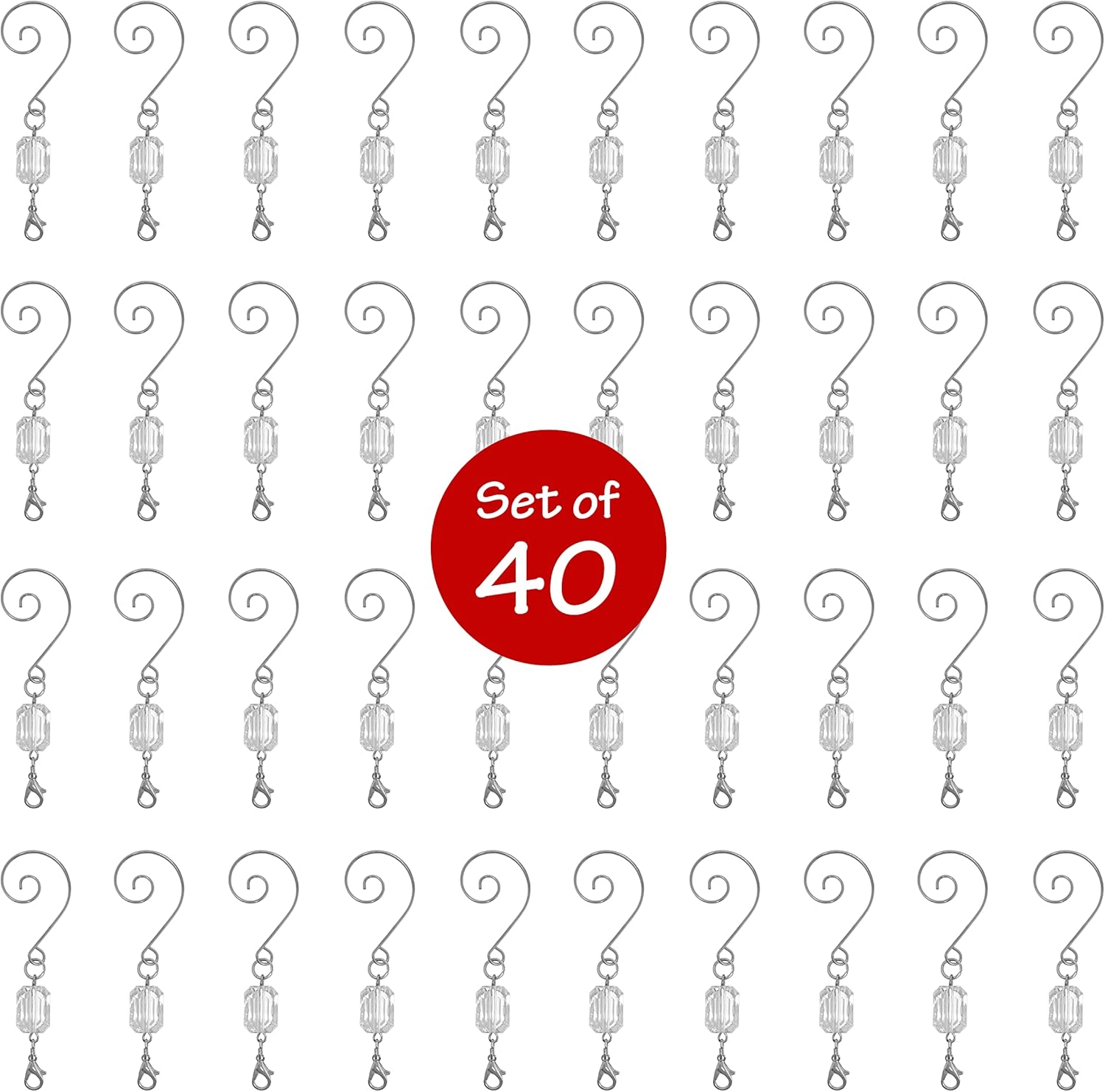 BANBERRY DESIGNS Christmas Ornament Hooks - Clear Acrylic Silver Wire Ornament Hooks - Pack of 40 Hooks - 3" L