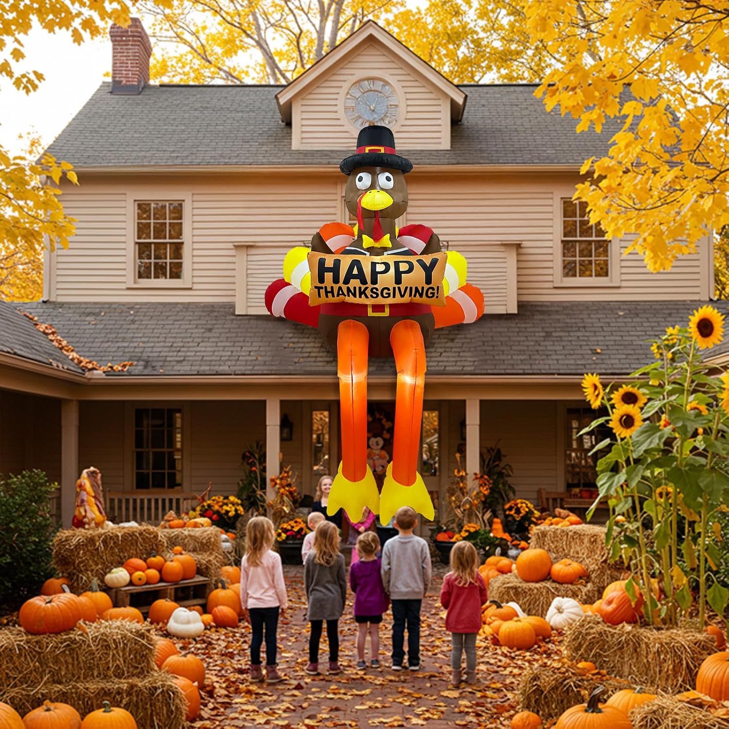 OurWarm 8FT Thanksgiving Inflatables Outdoor Decorations, Sitting Inflatable Turkey Thanksgiving Blow ups for Outside with LED Lights, Cute Turkey Decorations Outdoor for Roof Yard Party