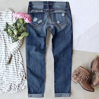 Mode luxe Womens Ripped Jeans Plaid Patch Boyfriend Skinny