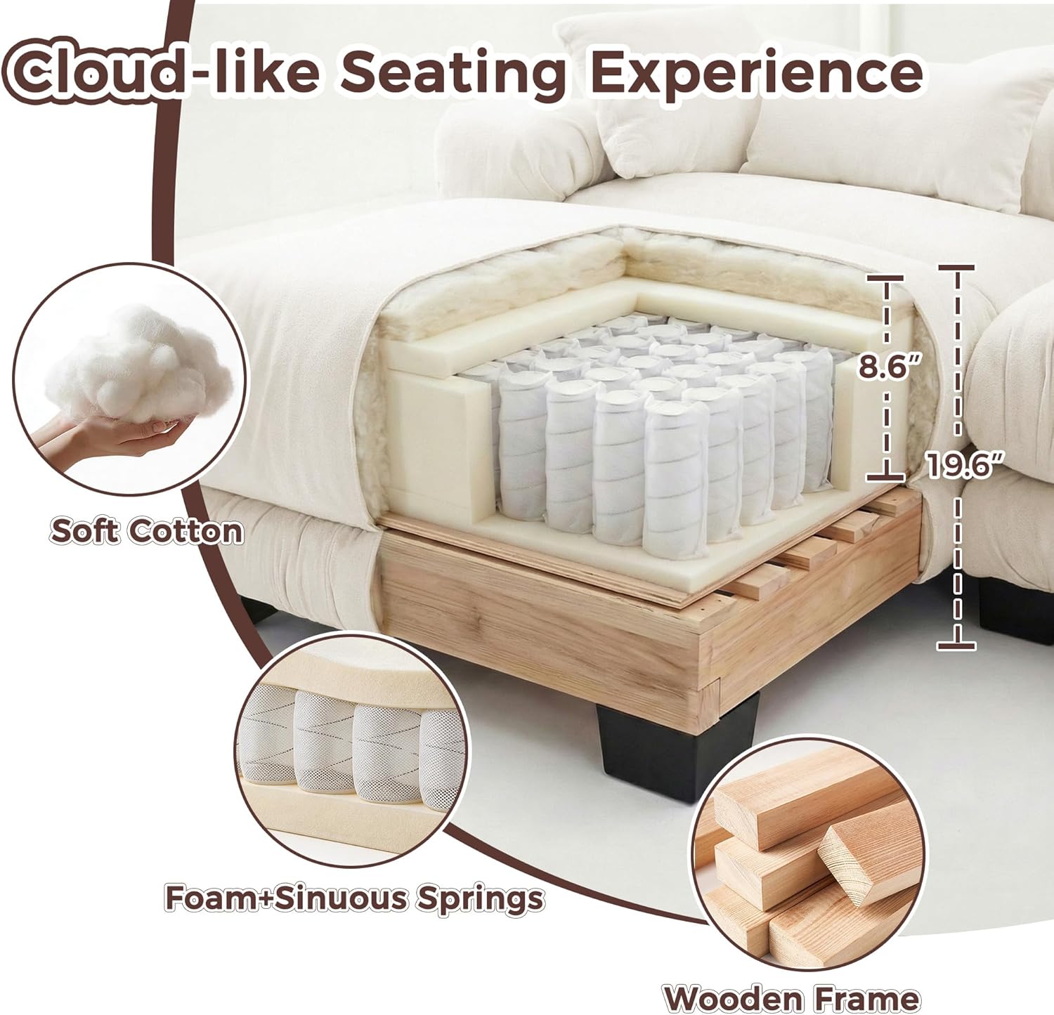 94" Modular Sectional Sofa Cloud Couch with Ottoman, Pink Chenille Oversized Loveseat, Deep Seat Tufted Plush Sectional Couches for Living Room & Apartment (White)