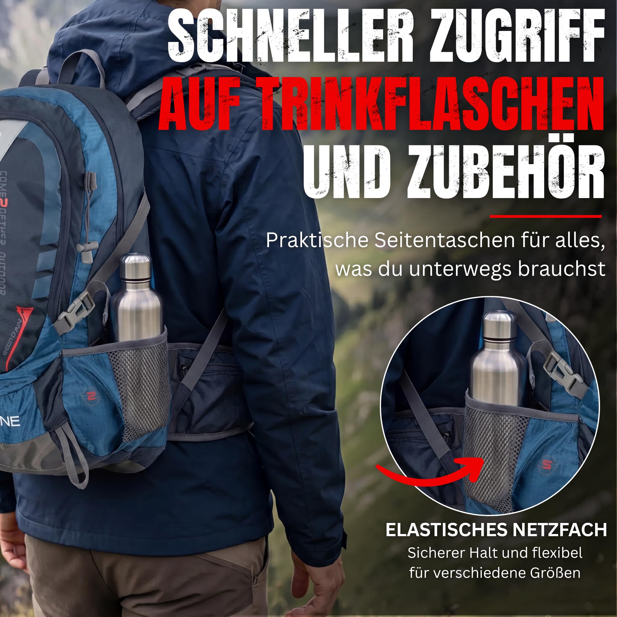 NOWI Trekkingrucksack praktischer moderner Outdoor Rucksack mit Regenhaube Brustgurt gepolsterte Schultergurte Schlaufen für Hiking Pole 40 Liter Volumen (Navy)